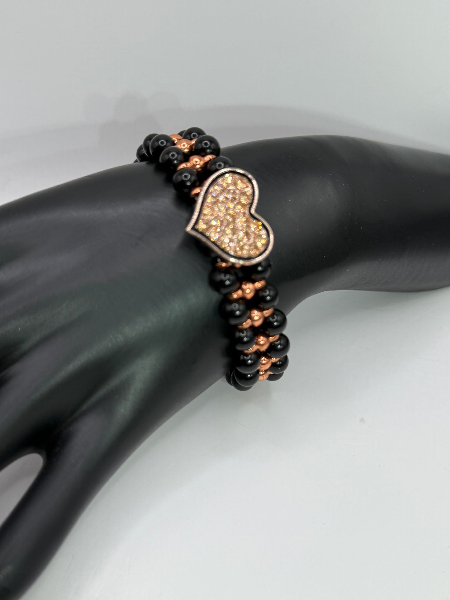 Black Agate and Rose Gold Bracelet – 8” Smooth Round Gemstone Bracelet with Pavé Crystal Heart Focal, Handmade Jewelry Gift for Her