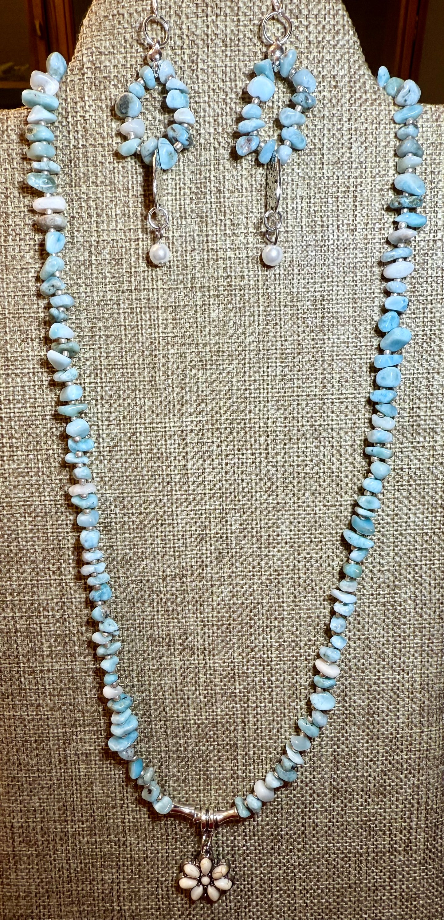 Handmade 20” Larimar Necklace with Matching Earrings – Natural Blue Gemstone Jewelry Set with Flower Pendant