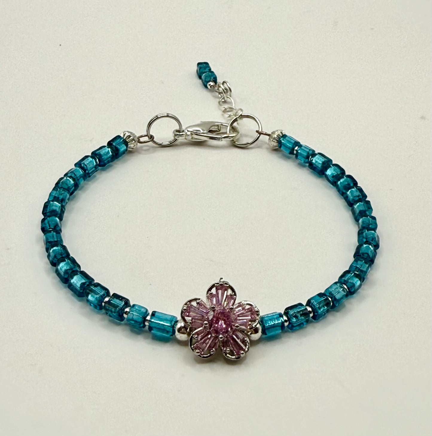 Teal Glass Beaded Bracelet with Pink Crystal Flower Focal – 7.5” Clasp Bracelet – Dainty Handmade Jewelry – Gift for Her
