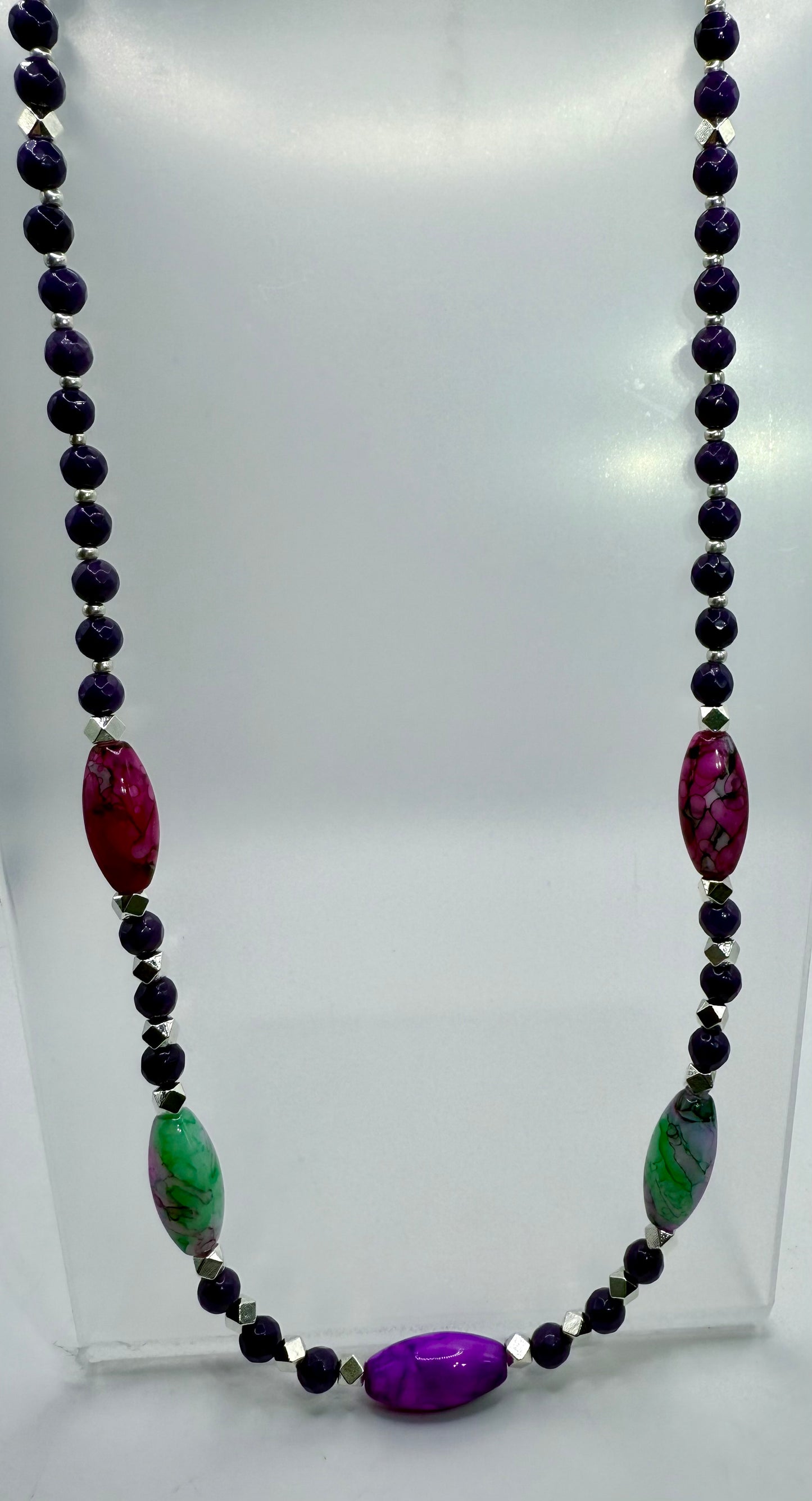24” Multicolor Gemstone-Style Bead Necklace • Purple, Pink & Green Statement Necklace • Handmade Jewelry • Long Beaded Necklace Gift