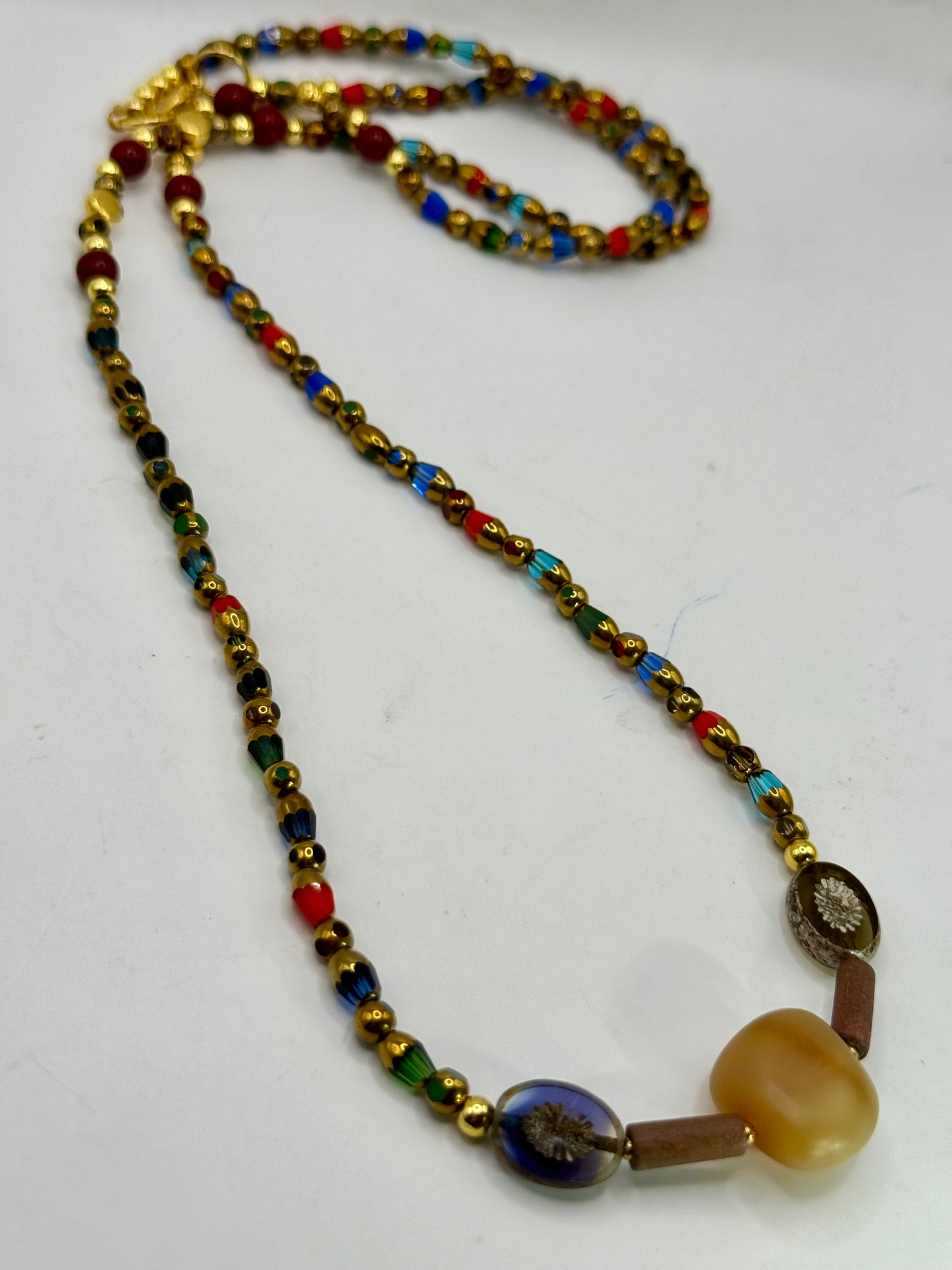 Boho Czech Glass Necklace 22” • Gold Accent Handmade Jewelry • Colorful Floral Focal Beads • Unique Gift