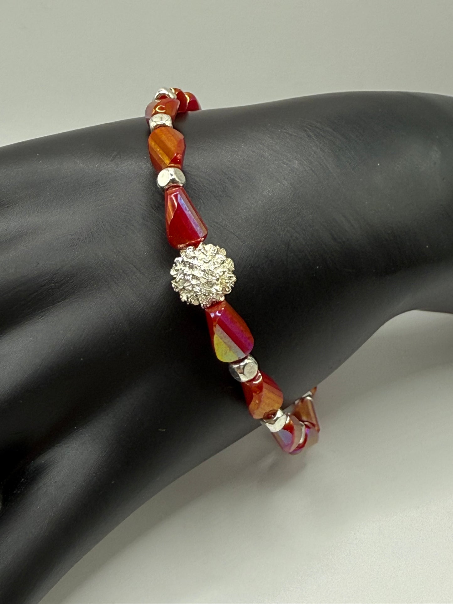 7.5” Fiery Red Glass Bead Bracelet with Sparkling Silver Accent – Handmade Statement Jewelry
