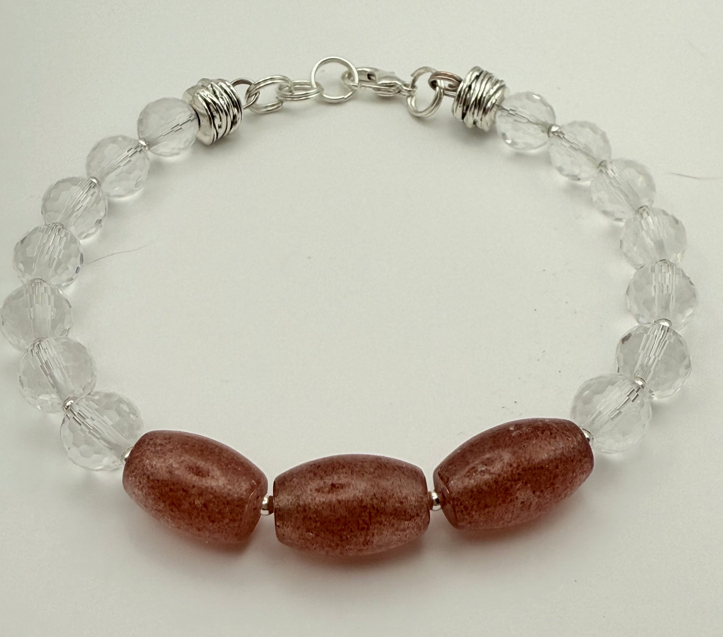 Faceted Clear Quartz and Strawberry Quartz Bracelet 7.5"-7.75"