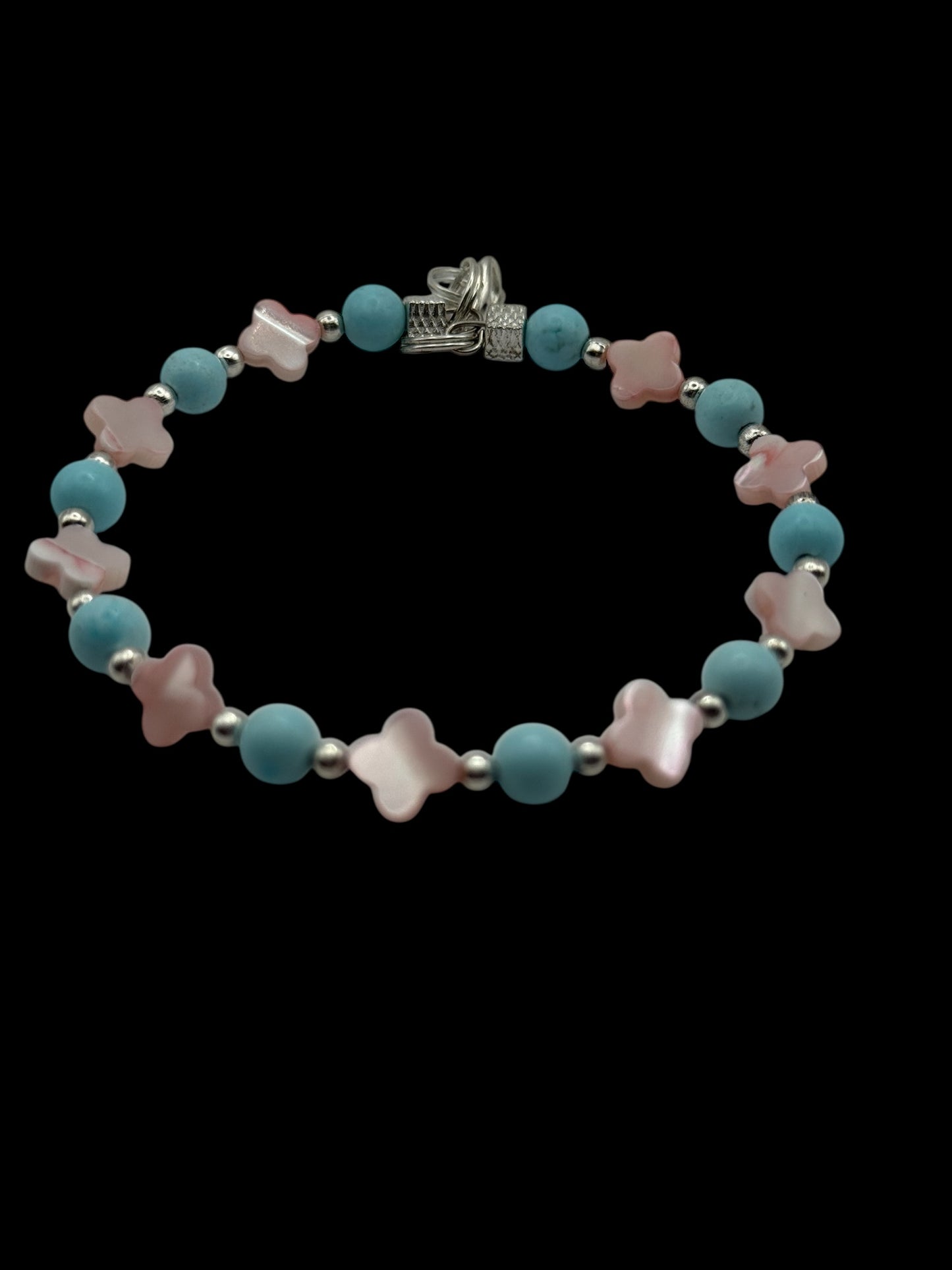 Pink Mother of Pearl & Blue Glass Beaded Bracelet – 7.5” Adjustable