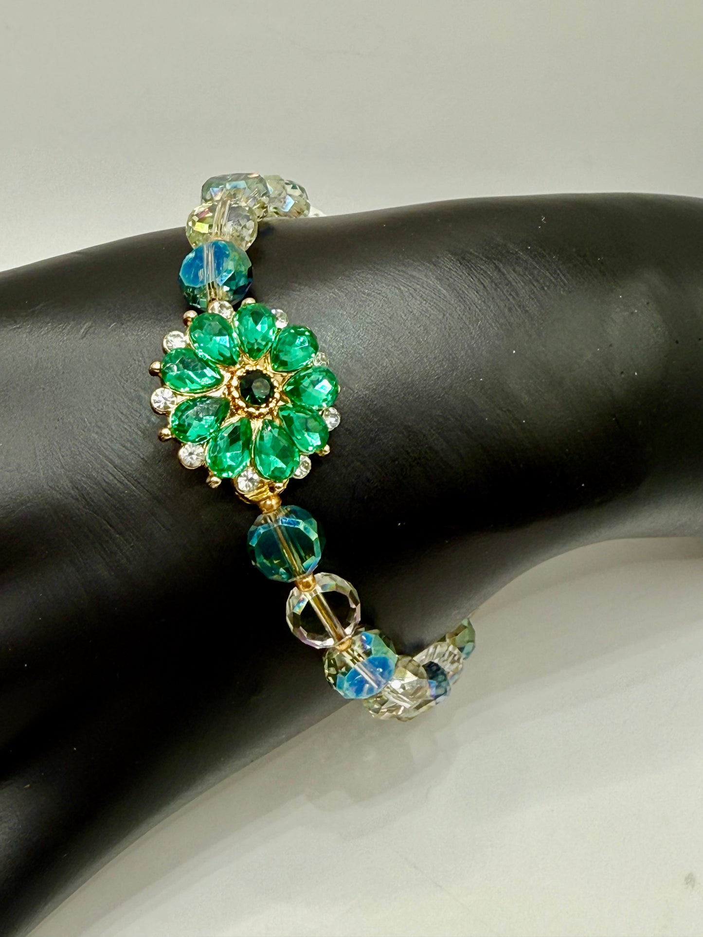 Emerald Green Crystal Flower Bracelet – 7.5” Clasp Bracelet | Adjustable | Handmade Beaded Jewelry Gift | Free Gift Included