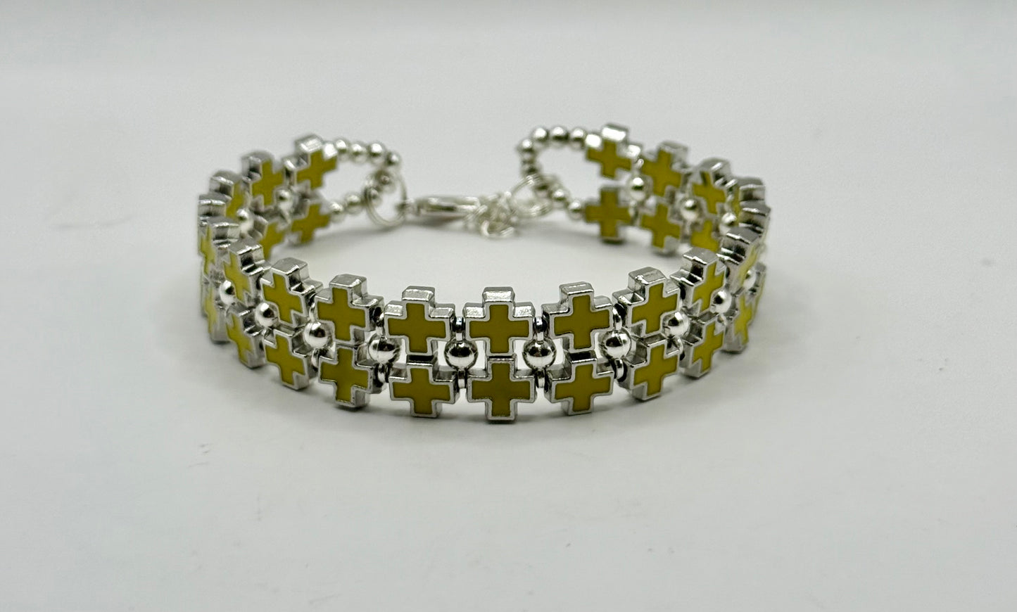 Bold Yellow Cross Link Bracelet – Adjustable 7.5” to 8”, Silver-Tone Double Row Design, Unique Statement Jewelry