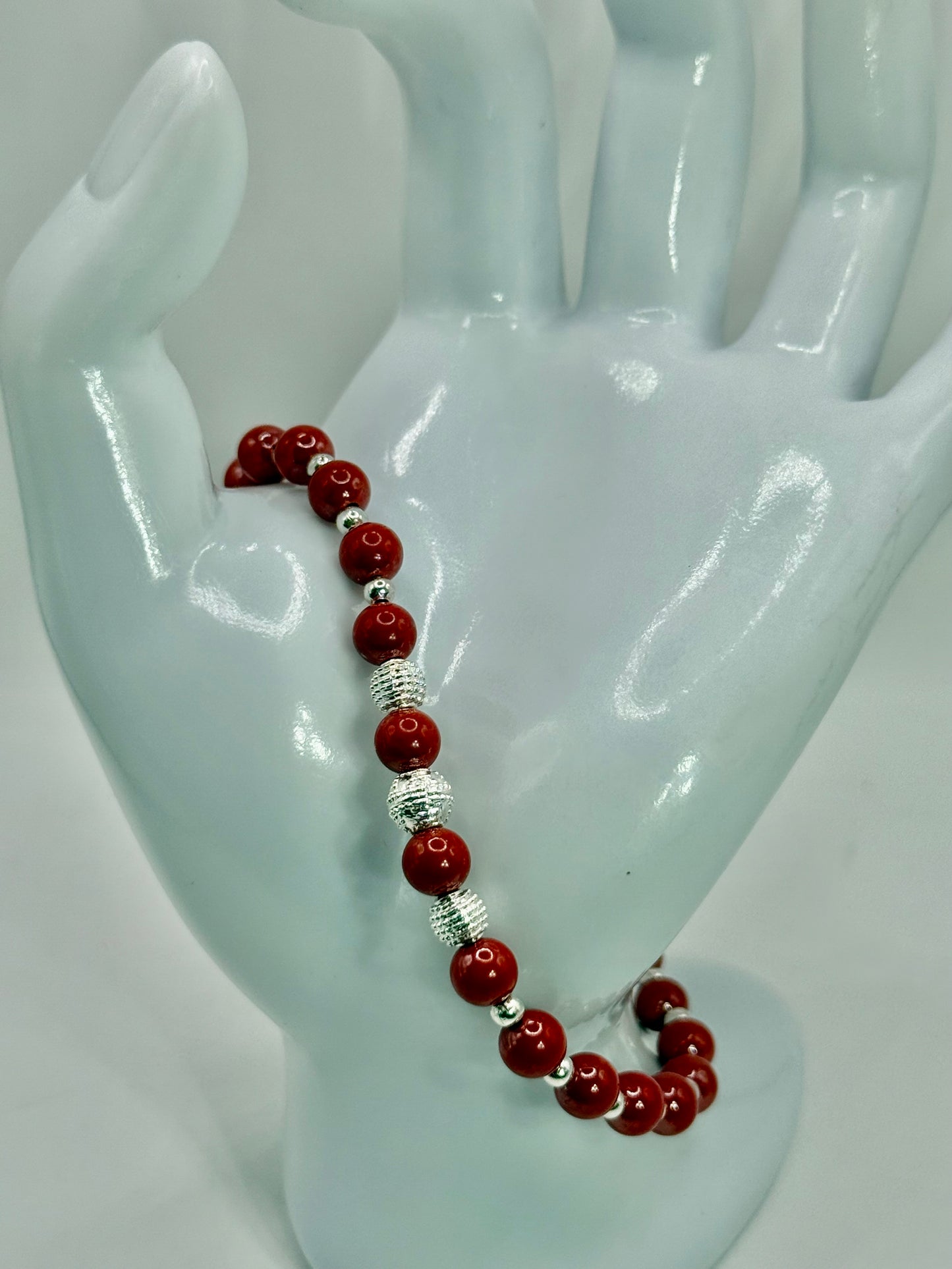 Cinnabar Crystal Bracelet with Silver Accents – 7.75” Red Beaded Jewelry, Adjustable Clasp Bracelet, Handmade Gift for Her