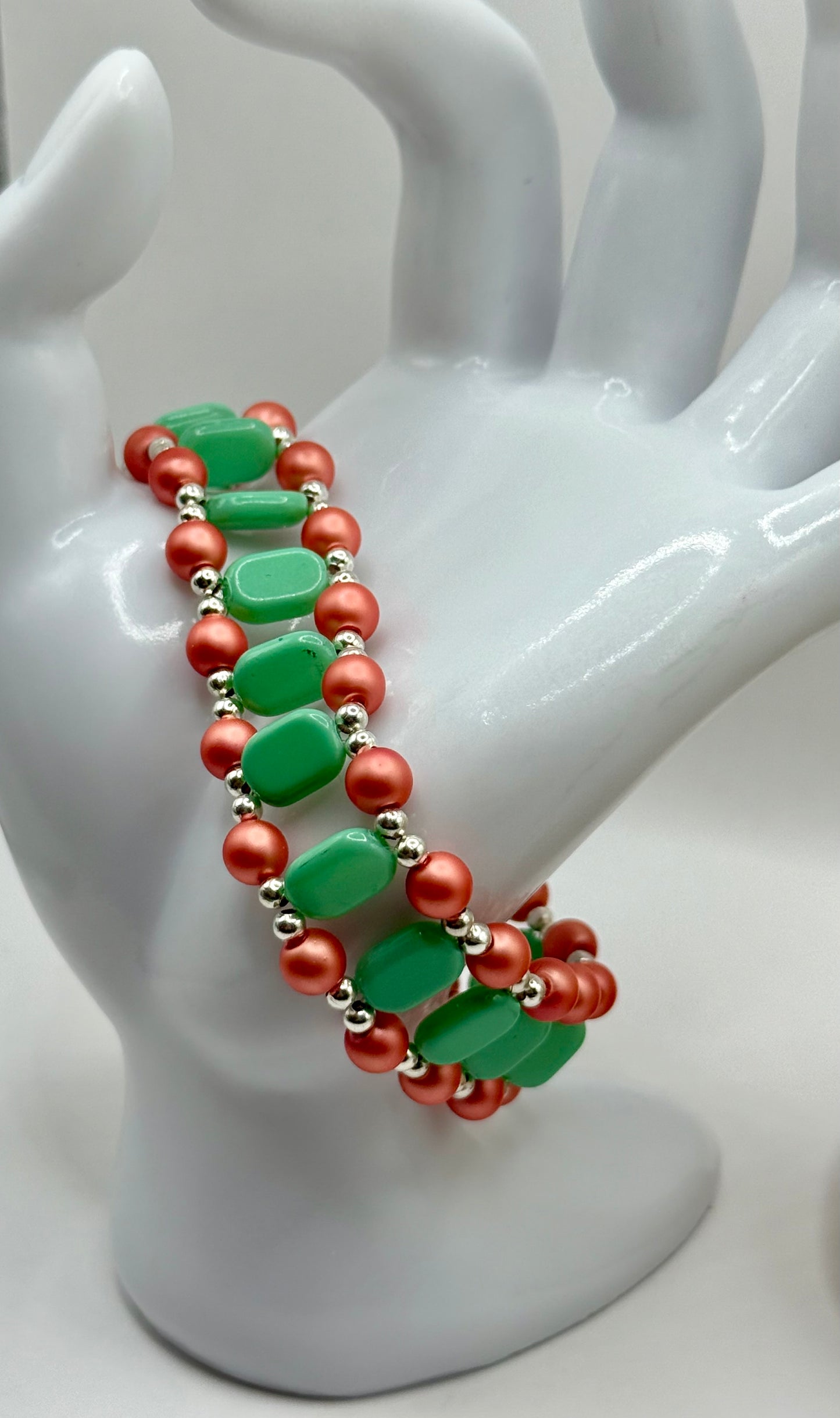 Double Strand Bracelet with Green and Coral Beads | 7.5”-7.75” Clasp Bracelet | Handmade Jewelry Gift for Her