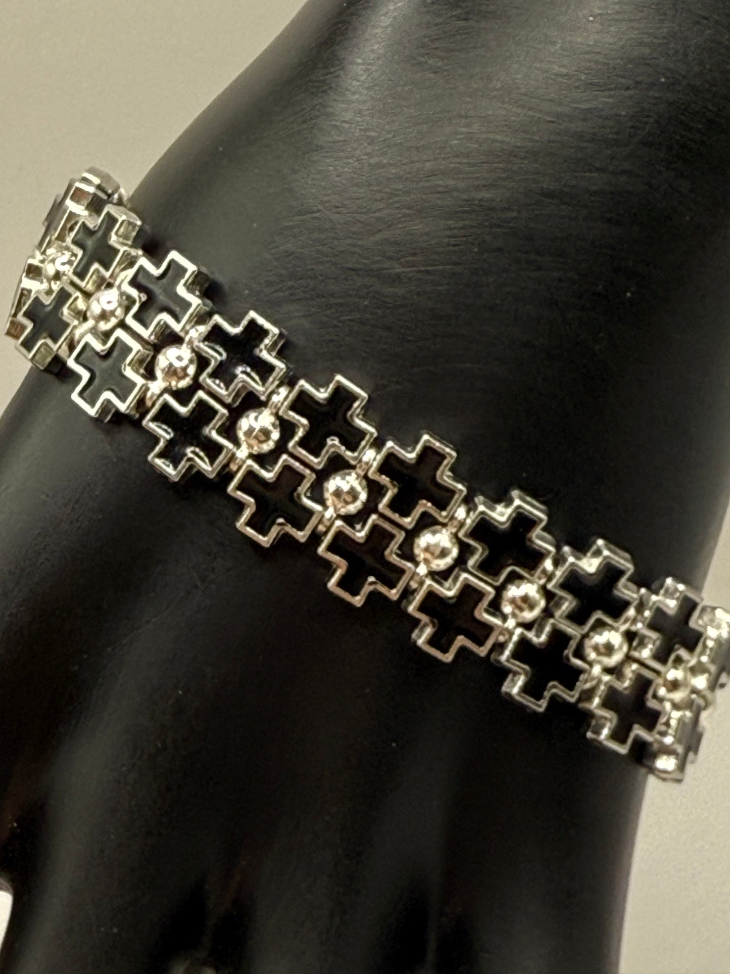 Bold Black Cross Link Bracelet – Adjustable 7.5” to 8”, Silver-Tone Double Row Design, Unique Statement Jewelry