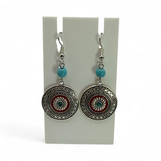 Turquoise Bead and Silver Mandala Earrings – Boho Western Dangle Jewelry