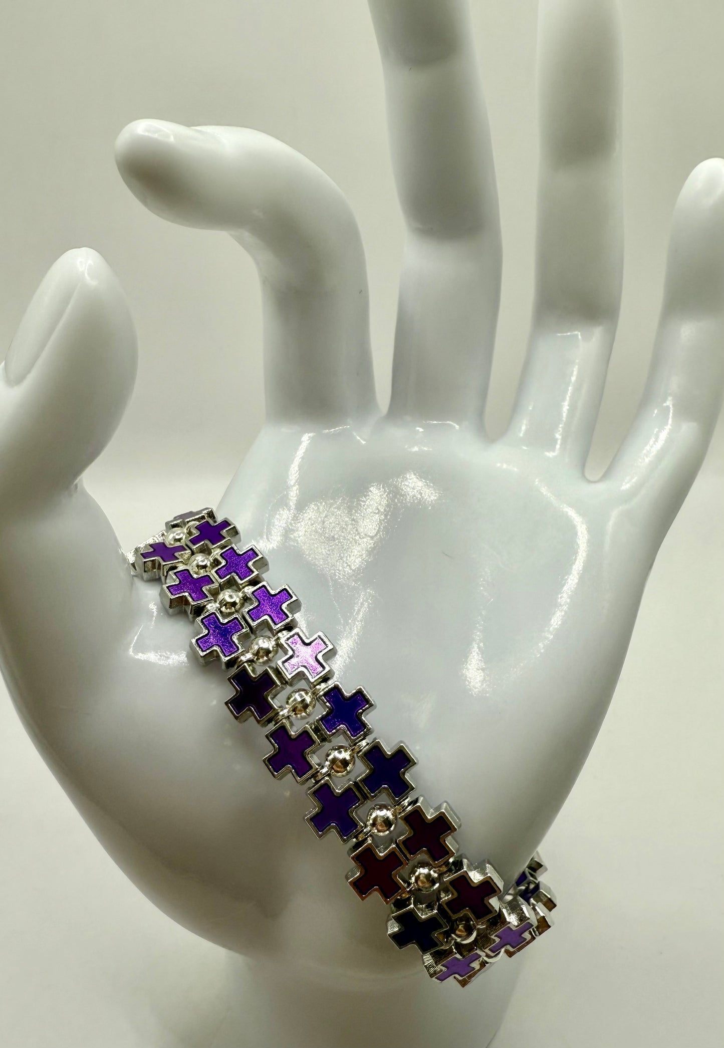 Bold Purple Cross Link Bracelet – Adjustable 7.5” to 8”, Silver-Tone Double Row Design, Unique Statement Jewelry