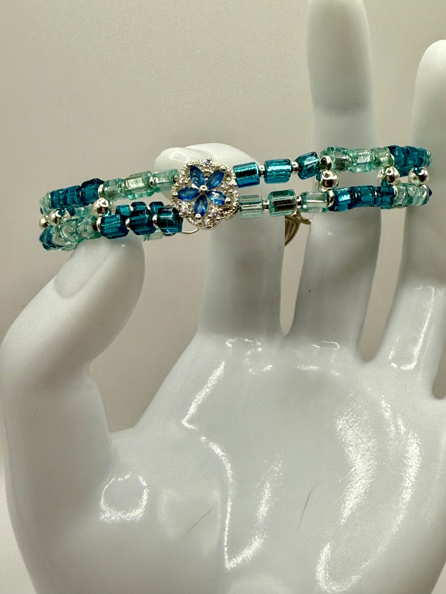7.5” Aqua & Teal Glass Beaded Bracelet with Silver Flower Focal – Double Strand Clasp Bracelet