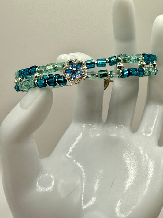 7.5” Aqua & Teal Glass Beaded Bracelet with Silver Flower Focal – Double Strand Clasp Bracelet
