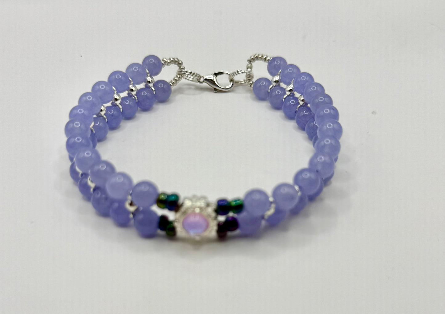 Handmade Lavender Beaded Bracelet with Opal Focal | 7.5” to 7.75” Double Strand Beaded Jewelry | Purple Glass Bracelet | Elegant Gift for Her