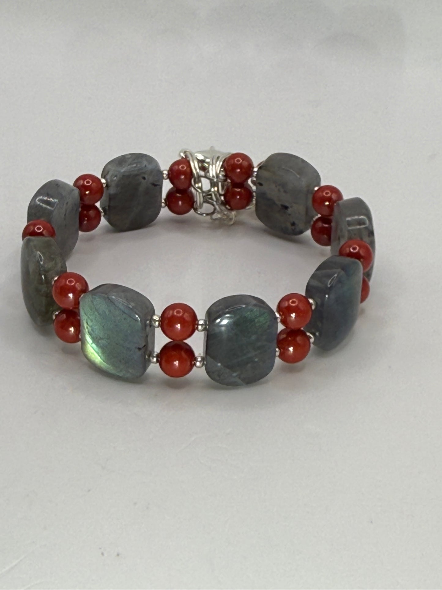 Flashing Labradorite and Cinnabar Double Bangle Bracelet | 7.5”–8” Adjustable Clasp Gemstone Bracelet | Handmade Statement Jewelry