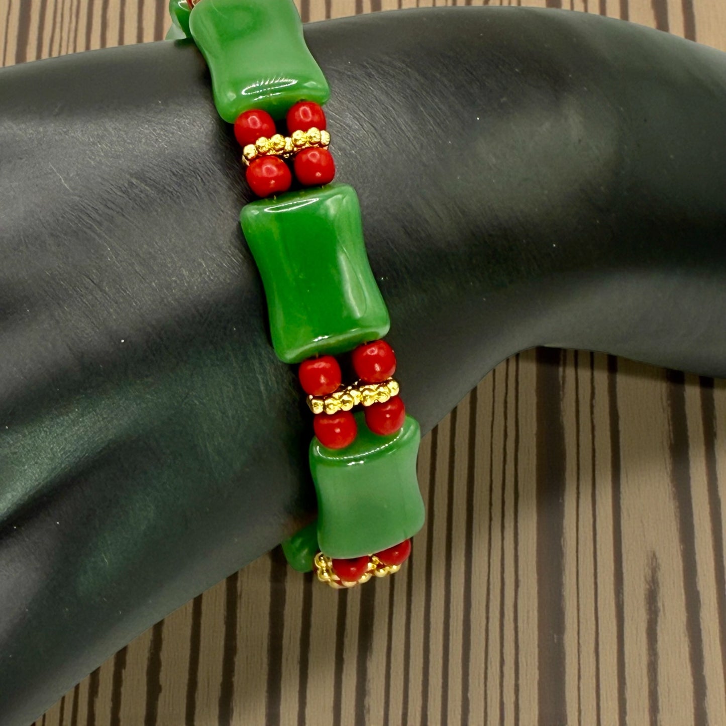 Green Jade & Red Accent Stretch Bracelet – 7.75”