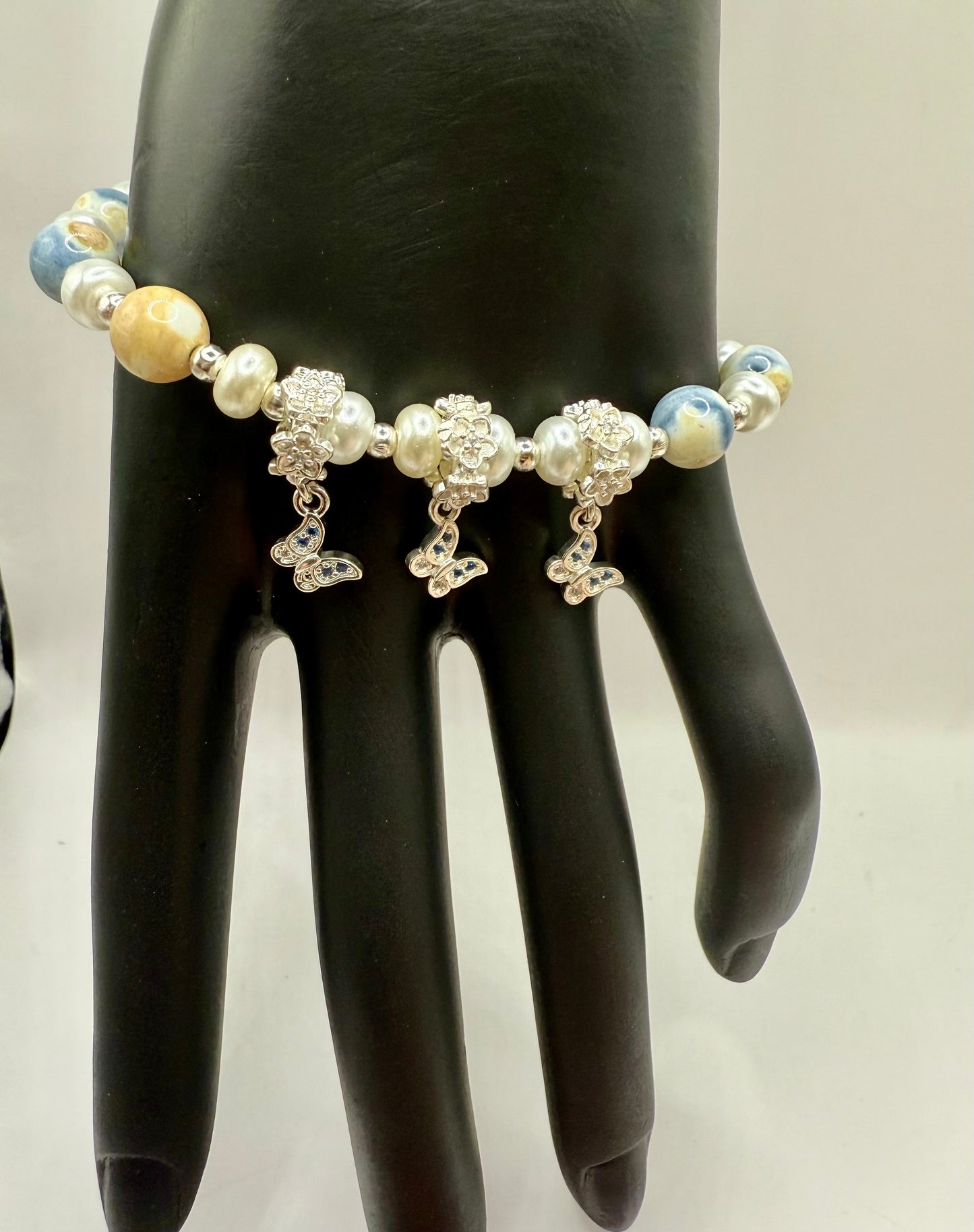 Handmade Orca Agate Stretch Bracelet with Butterfly Charms | 8” Adjustable