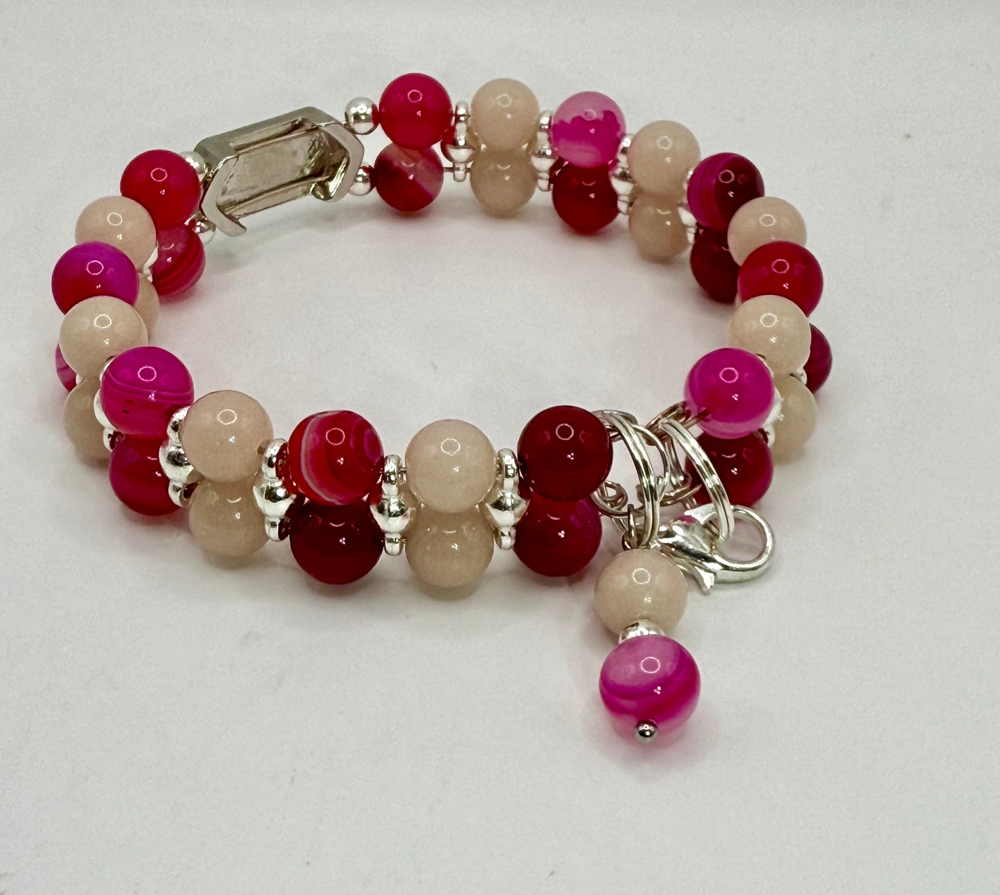 Banded Pink Agate & Luminous Stone Double Bracelet | 8” Adjustable Glow in the Dark Jewelry