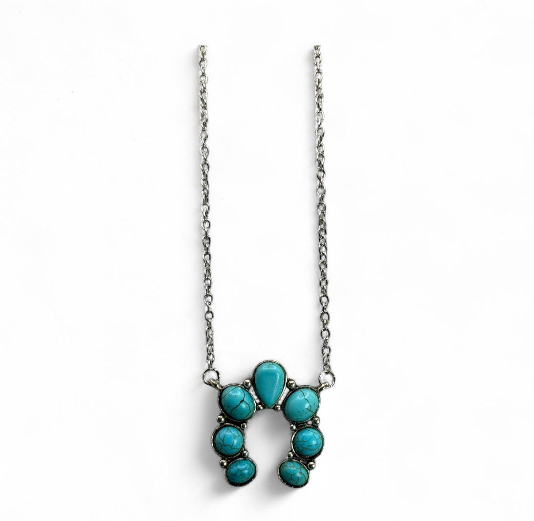 Turquoise Howlite Squash Blossom Necklace – 18” Silver Chain