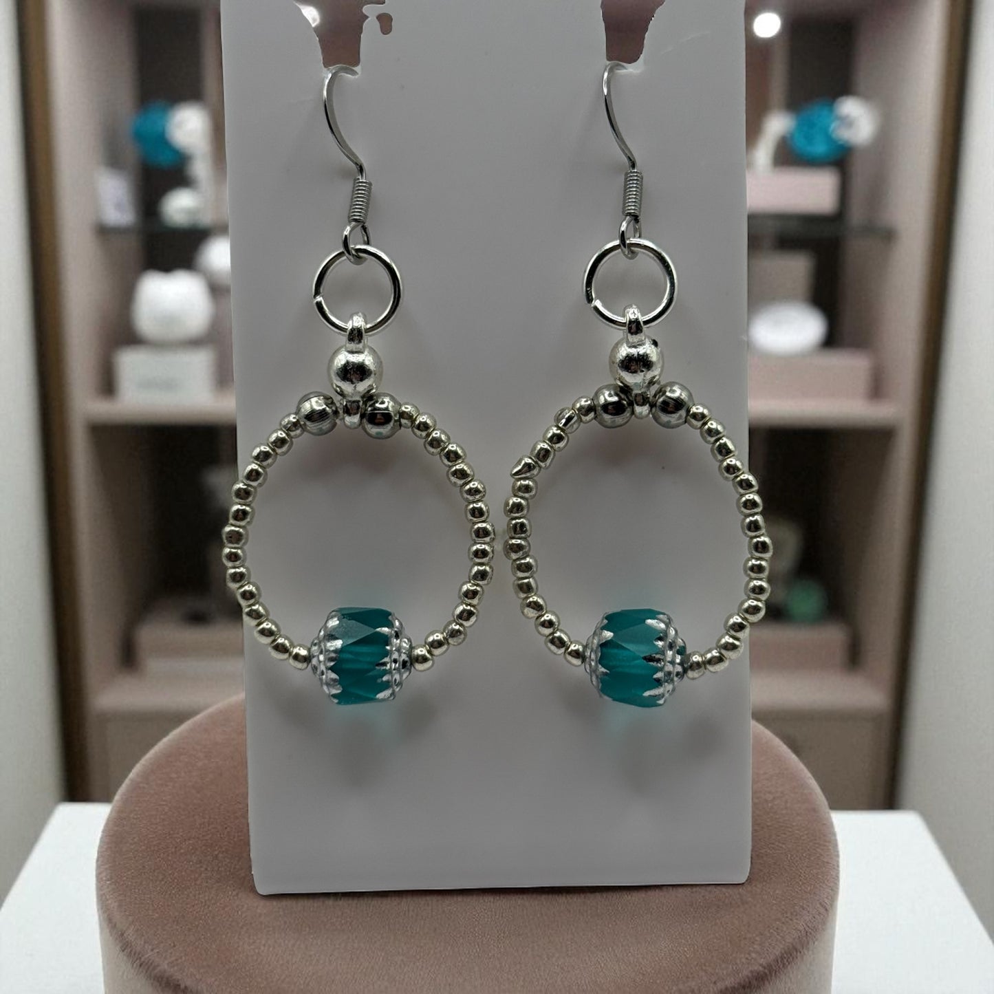 Silver Beaded Hoop Earrings with Teal Lantern Beads | Lightweight Boho Dangle Earrings | Handmade