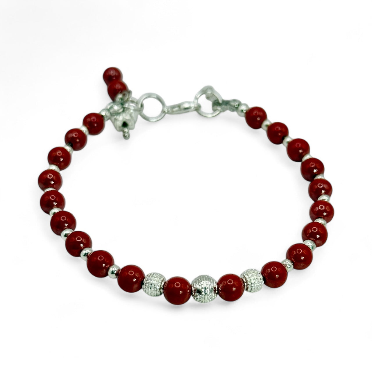 Cinnabar Crystal Bracelet with Silver Accents – 7.75” Red Beaded Jewelry, Adjustable Clasp Bracelet, Handmade Gift for Her