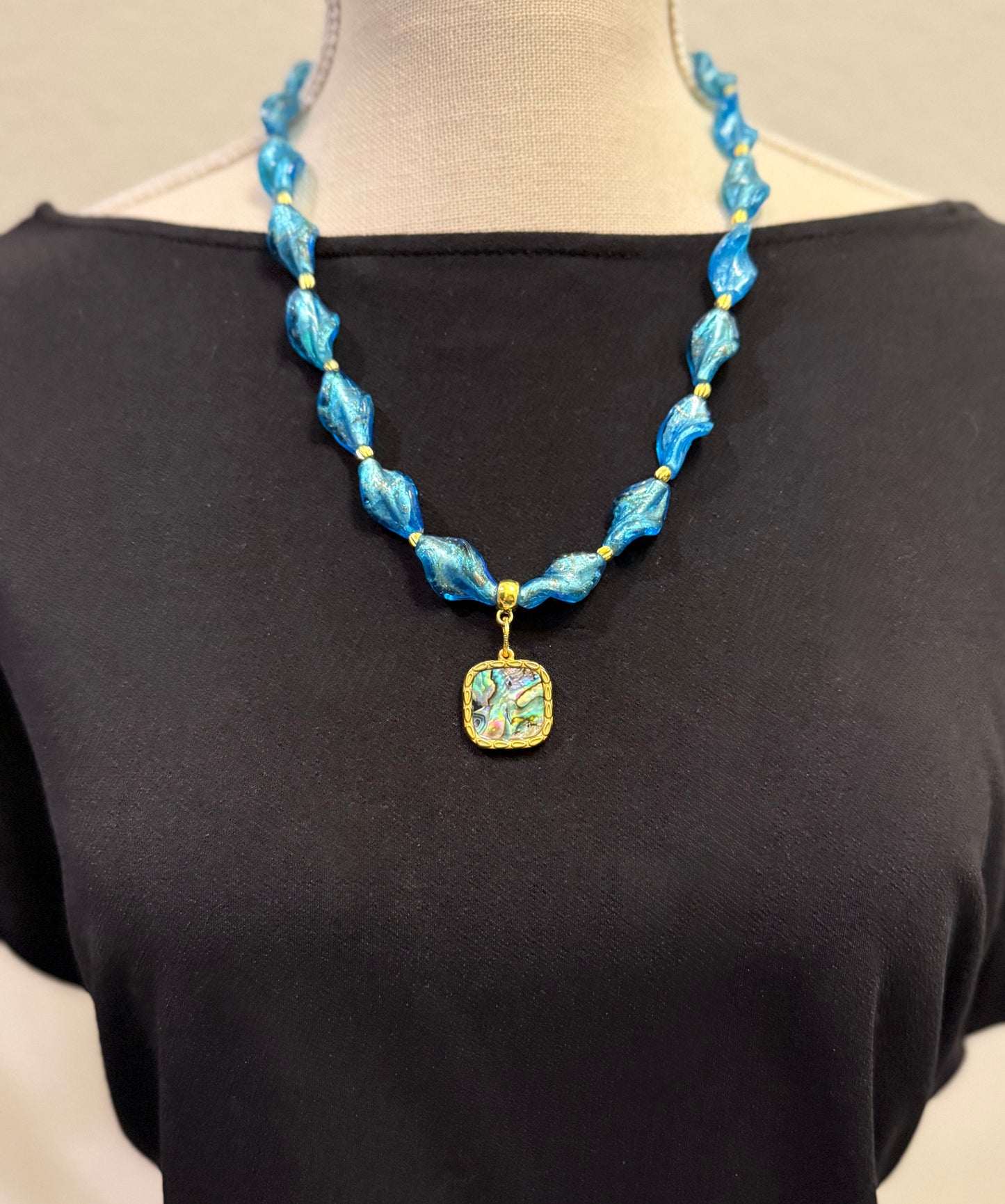 Blue Art Glass Necklace Bracelet Earrings Set | Coastal Jewelry Set | Abalone Pendant | Handmade Statement Jewelry awwwww