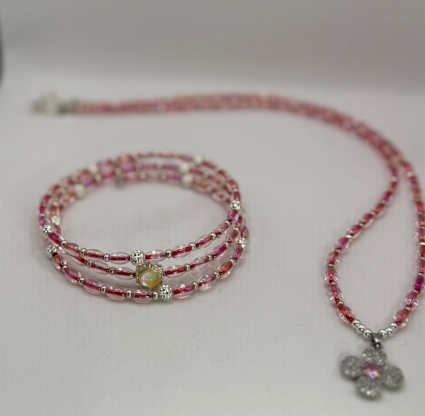 Pink Iridescent Beaded Necklace Set | 22” Necklace + Coordinating Wrap Bracelet | Floral CZ Charm
