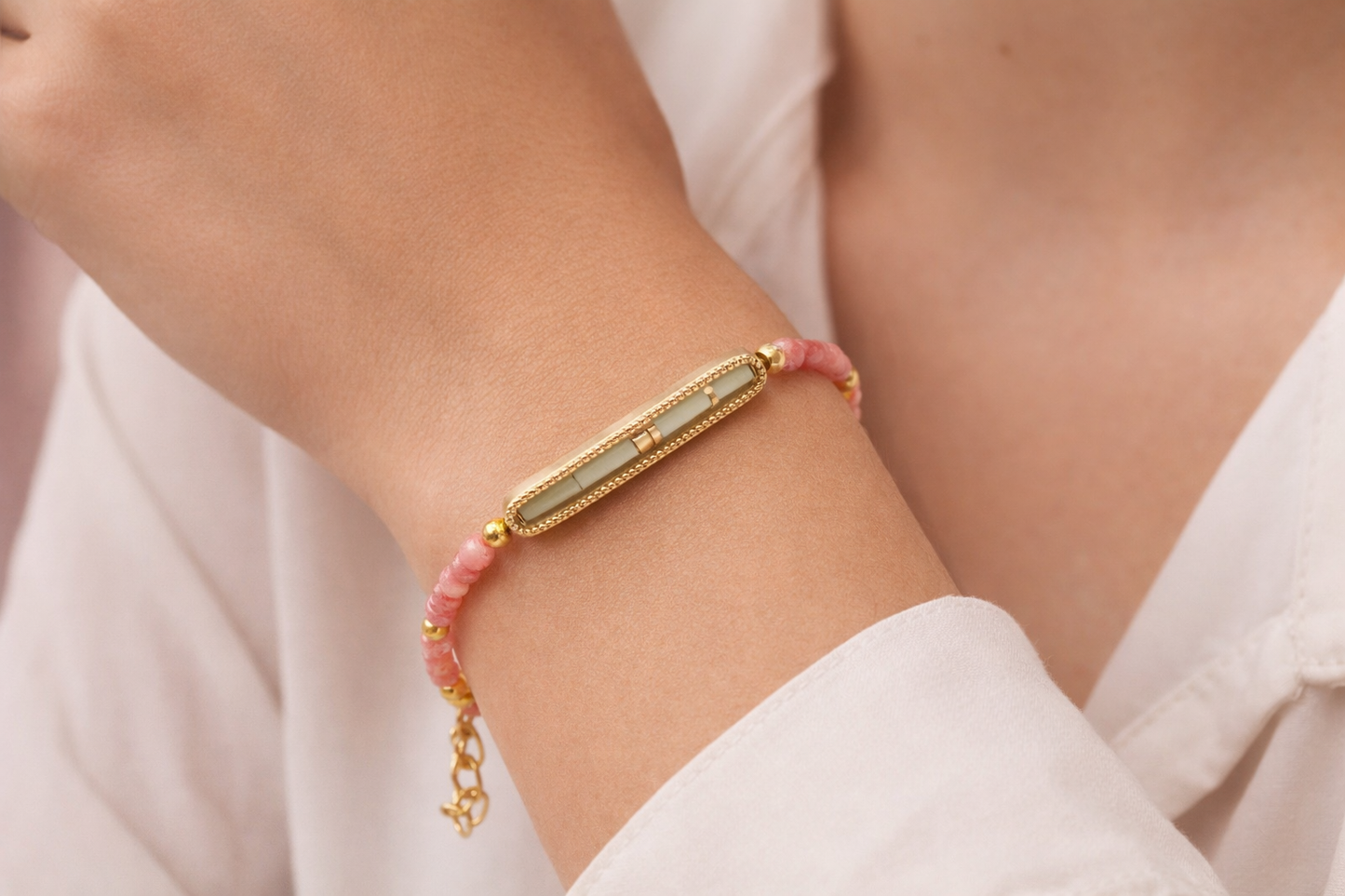 Pink Freckled Jade Donut Bead Bracelet, 7.75–8 Inch Beaded Bracelet, Handmade Jade Jewelry