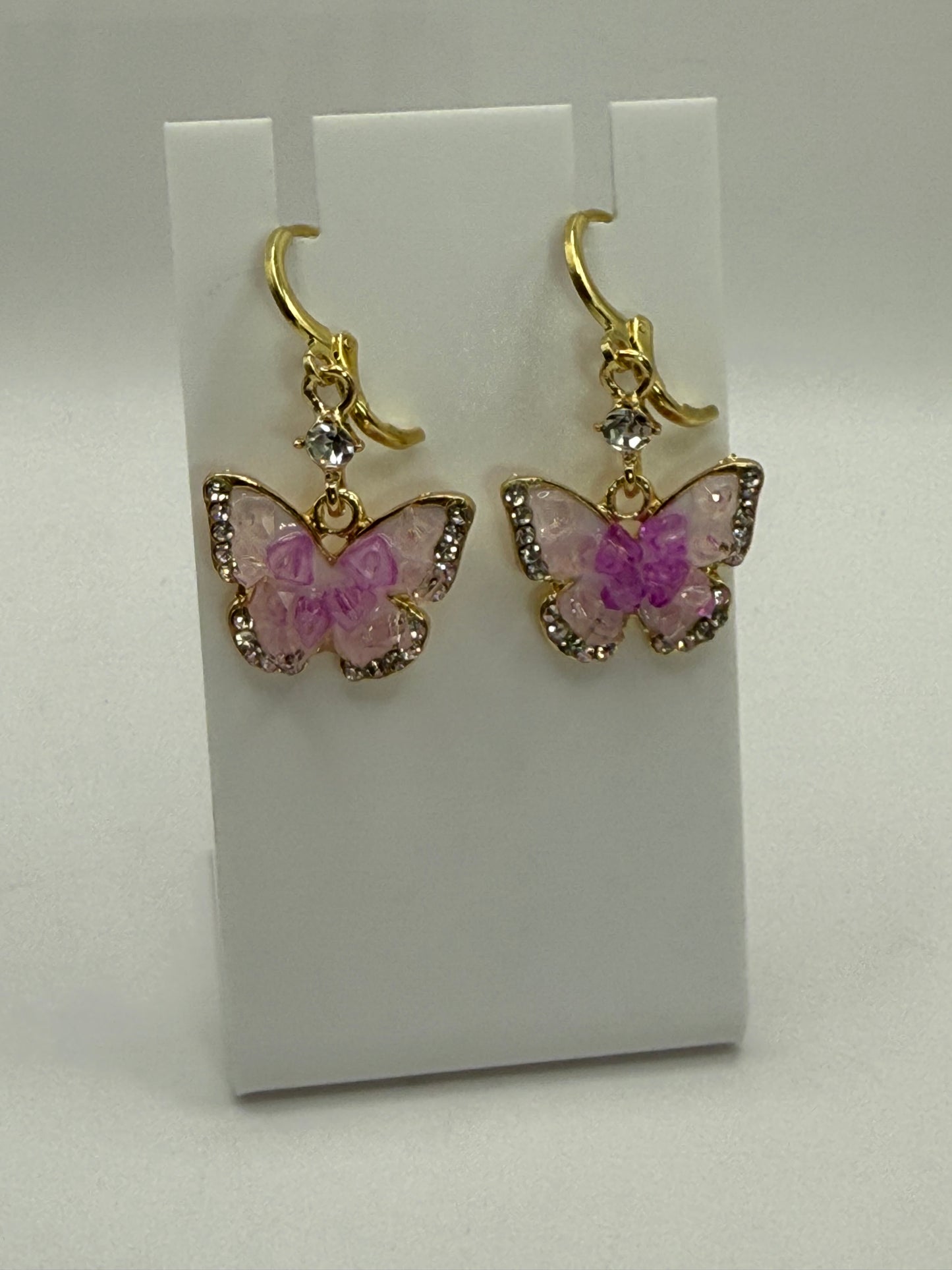 Pink Butterfly Dangle Earrings – Gold & Rhinestone Sparkle Jewelry