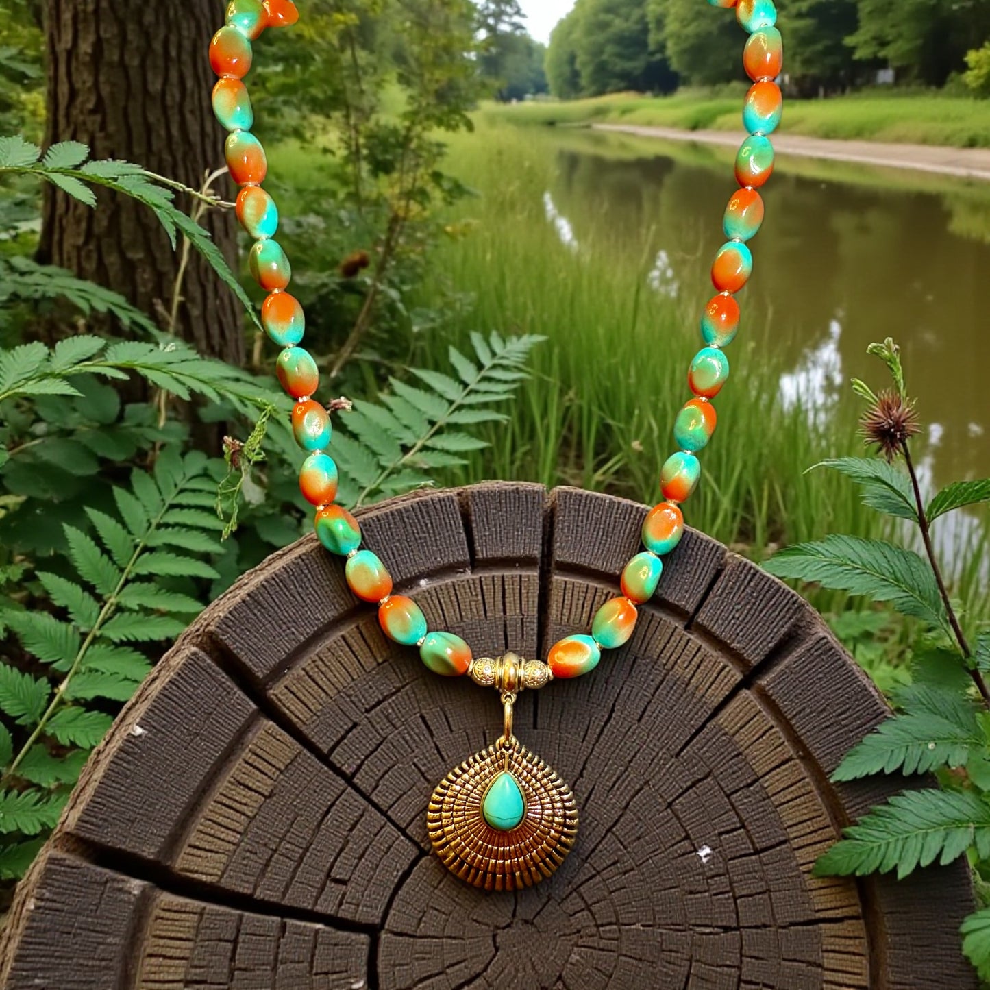 Turquoise & Coral Glass Bead Necklace – 22” Sunburst Pendant Statement Necklace – Southwestern Boho Jewelry – Handmade Gift for Her