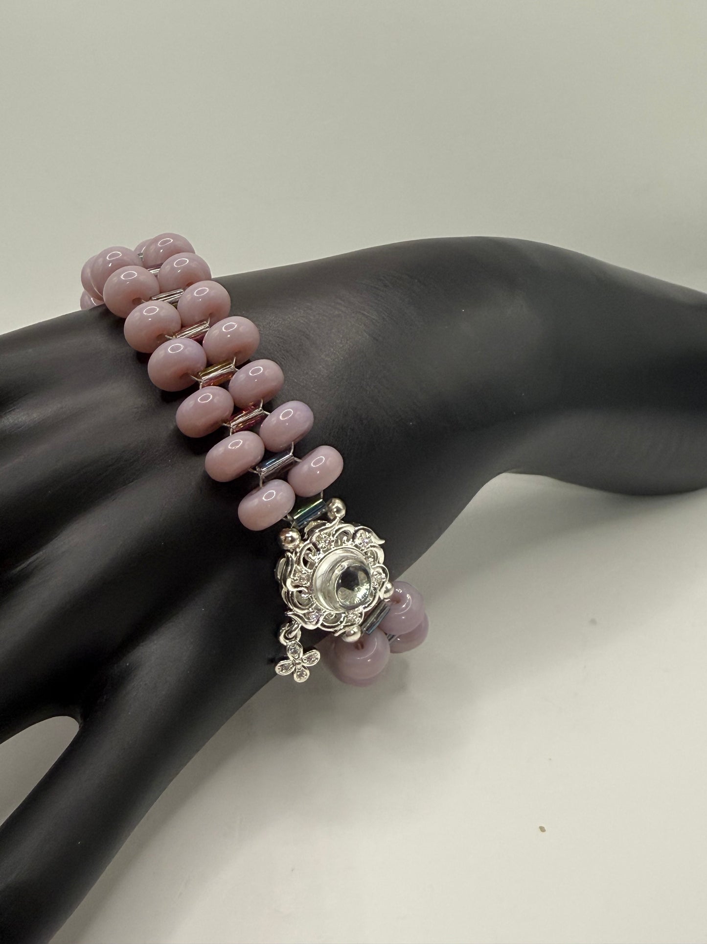 Handmade Double Band Mauve Glass Bead Clasp Bracelet – 8.25” Adjustable | Elegant Silver Floral Charm Jewelry