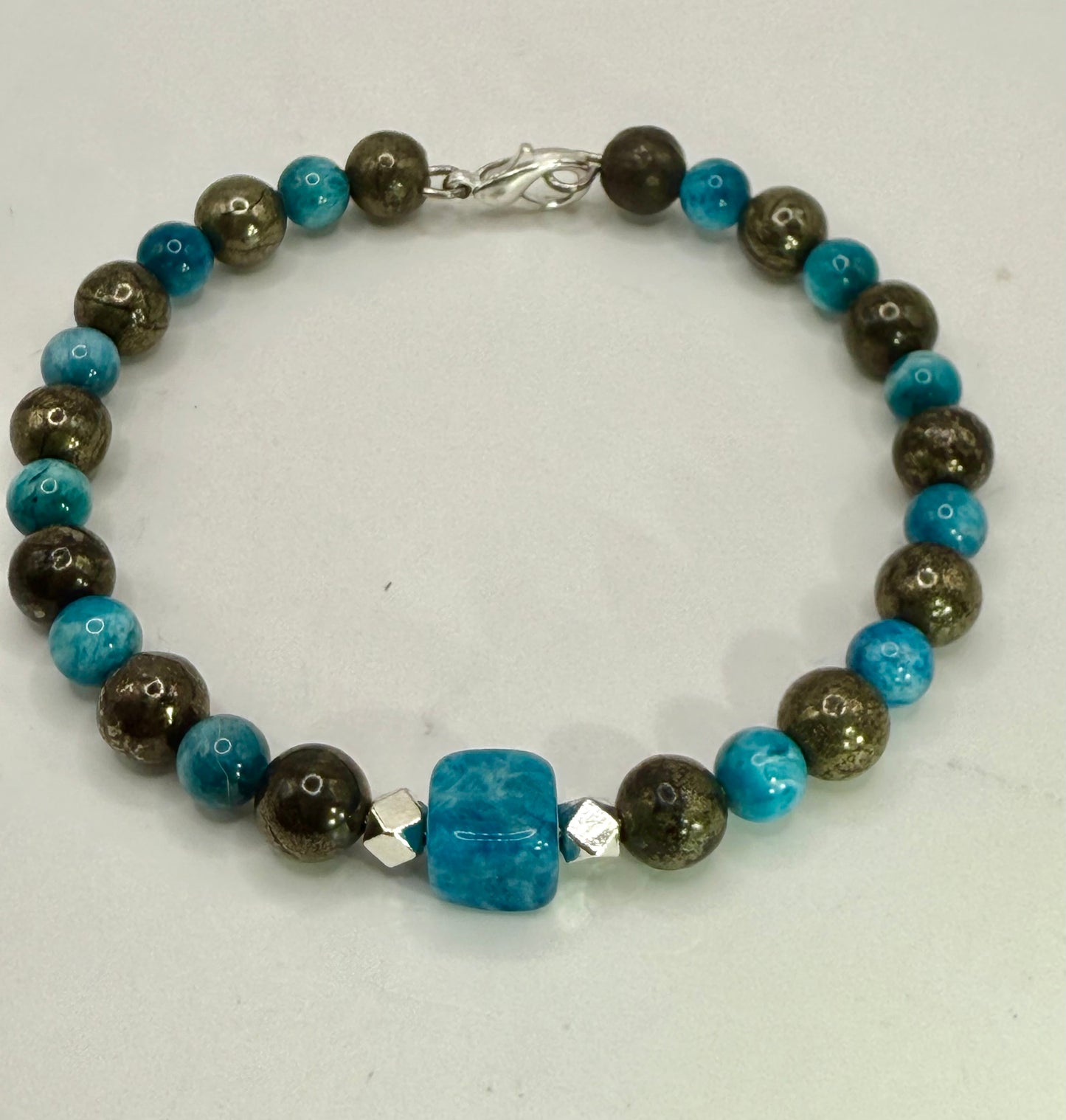 Apatite and Pyrite Gemstone Bracelet 7.5” | Silver-Tone Clasp | Handmade Gift | Boho Energy Jewelry by LuckyCharm Boutique