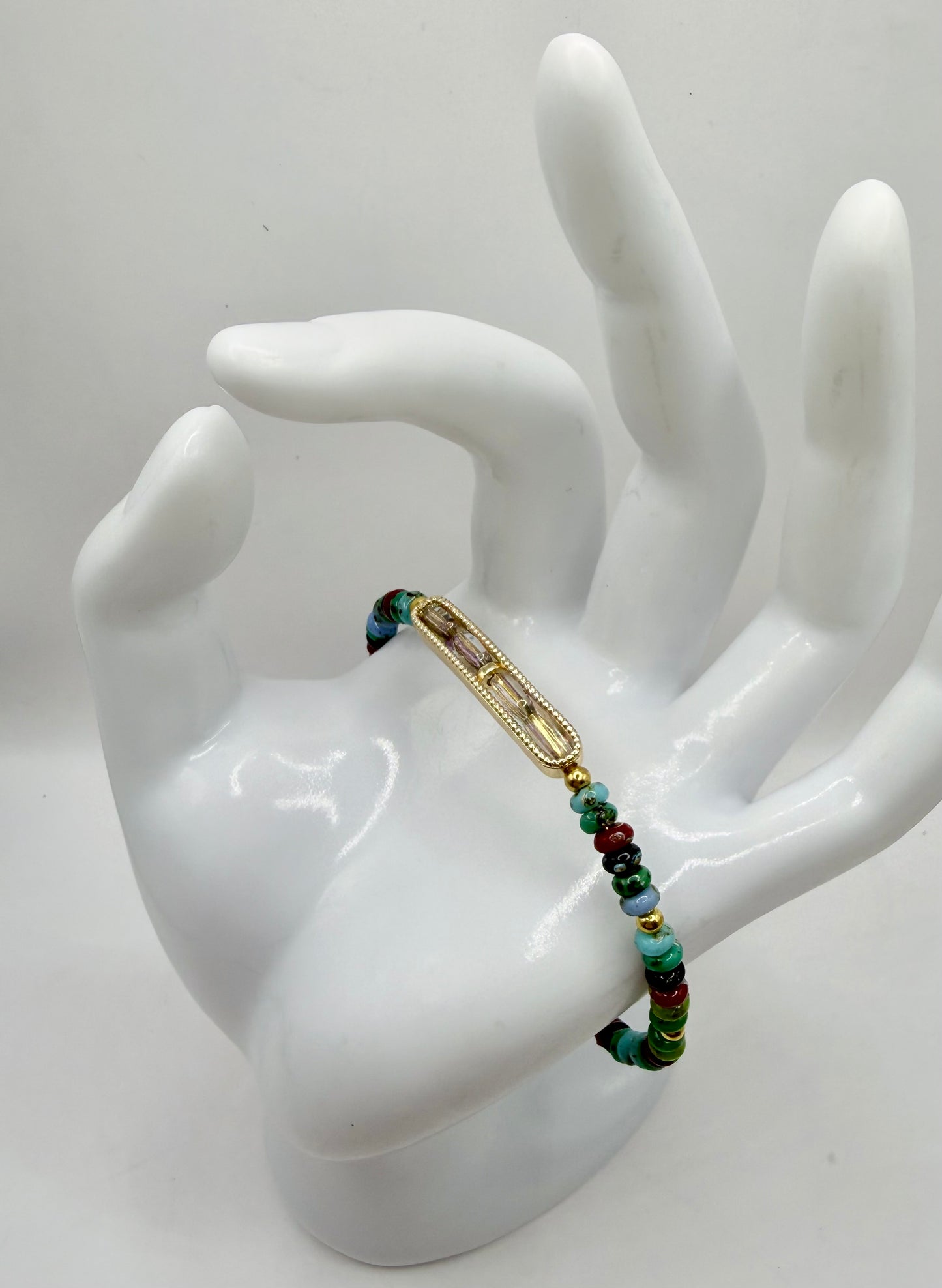Picasso Glass Donut Bead Bracelet 7.5–8 Inch, Gold Bar Bracelet with AB Faceted Glass, Boho Adjustable Bracelet