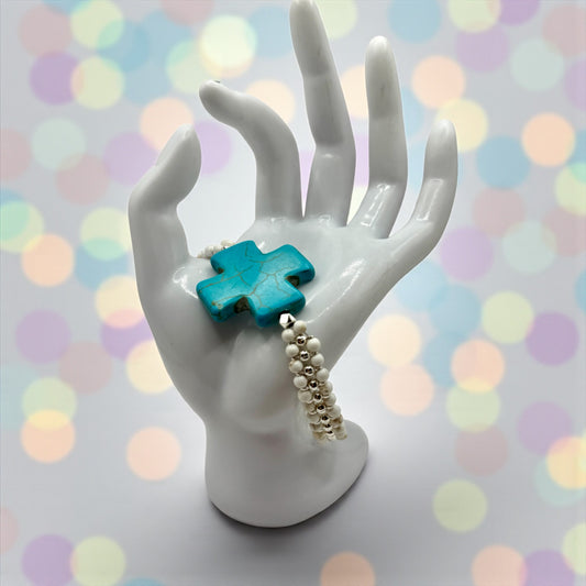 Turquoise Howlite Cross Bracelet | 7.75” White & Silver Beaded Bracelet | Handmade Southwest Style Jewelry | Turquoise Statement Bracelet