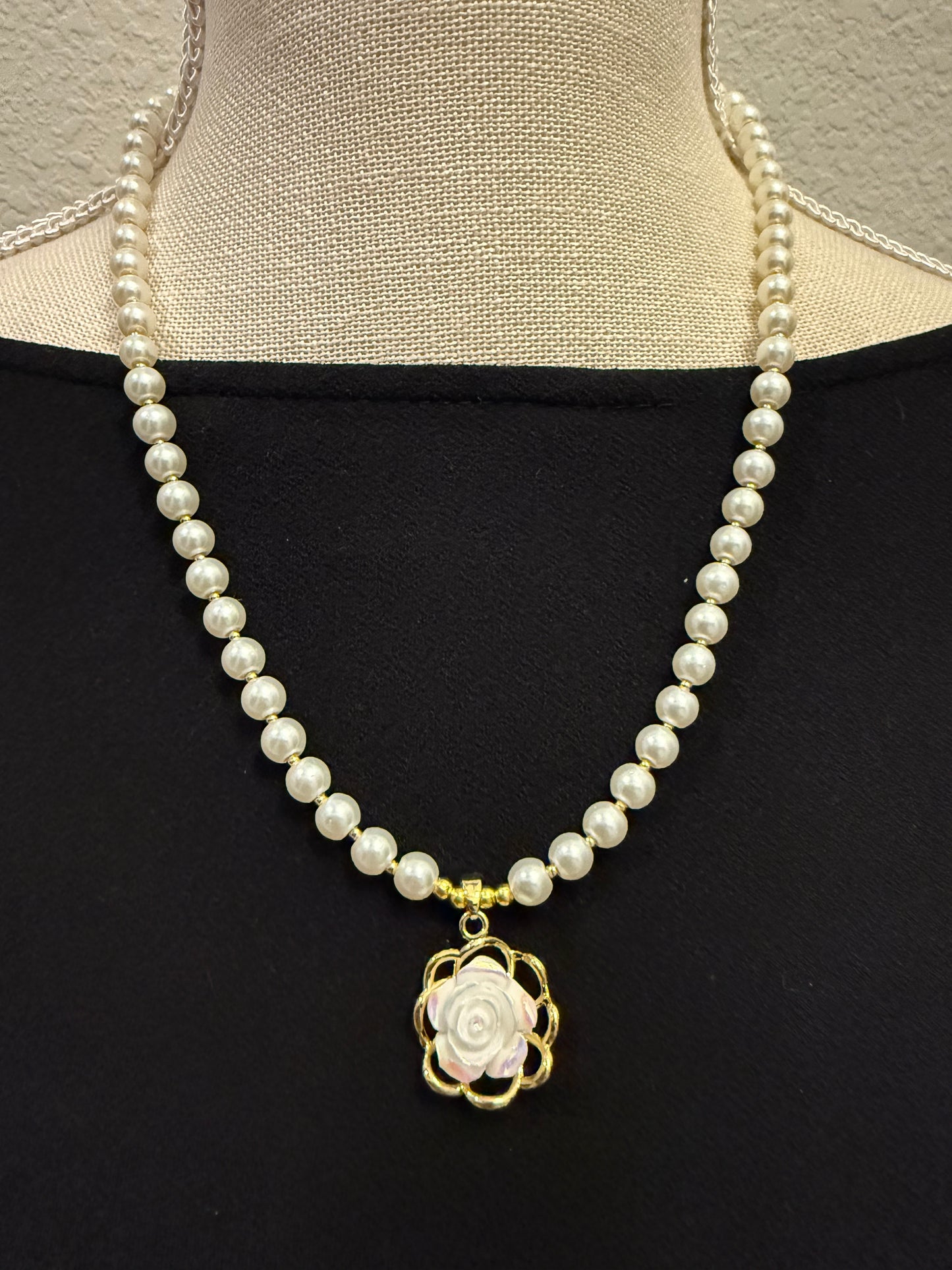 Handmade Glass Pearl Necklace with Iridescent Flower Pendant | 20 Inch Pearl Necklace | One of a Kind Jewelry | Made in Texas