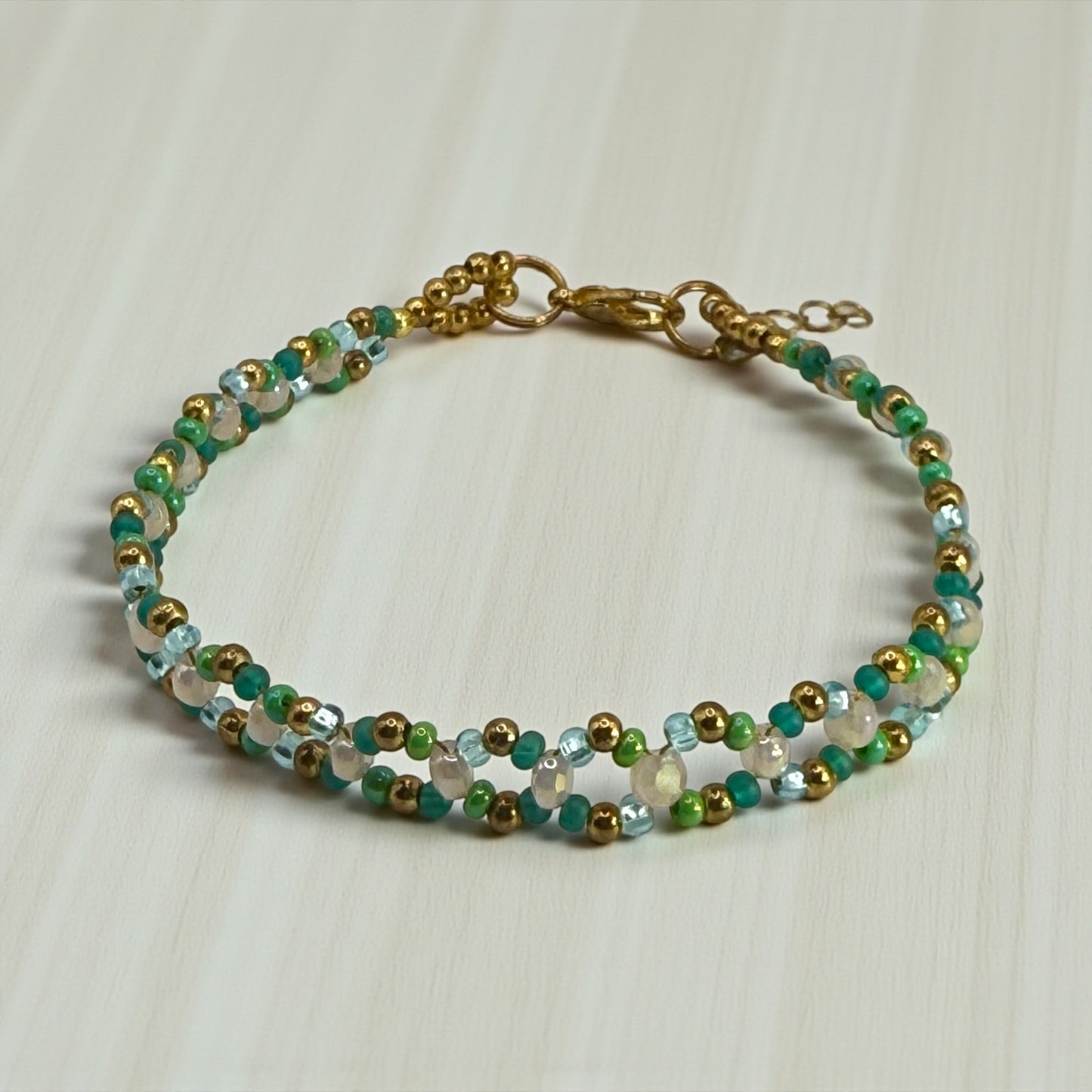 Green & Gold Beaded Bracelet 7.75” | Crystal Glass Clasp Bracelet | Aqua & Emerald Two-Strand Bracelet | Handmade Jewelry Gift for Her