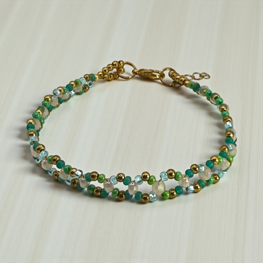 Green & Gold Beaded Bracelet 7.75” | Crystal Glass Clasp Bracelet | Aqua & Emerald Two-Strand Bracelet | Handmade Jewelry Gift for Her
