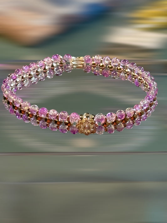 Light Purple Crackle Dual Strand Stretch Bracelet with Rhinestone Focal Bling 8"