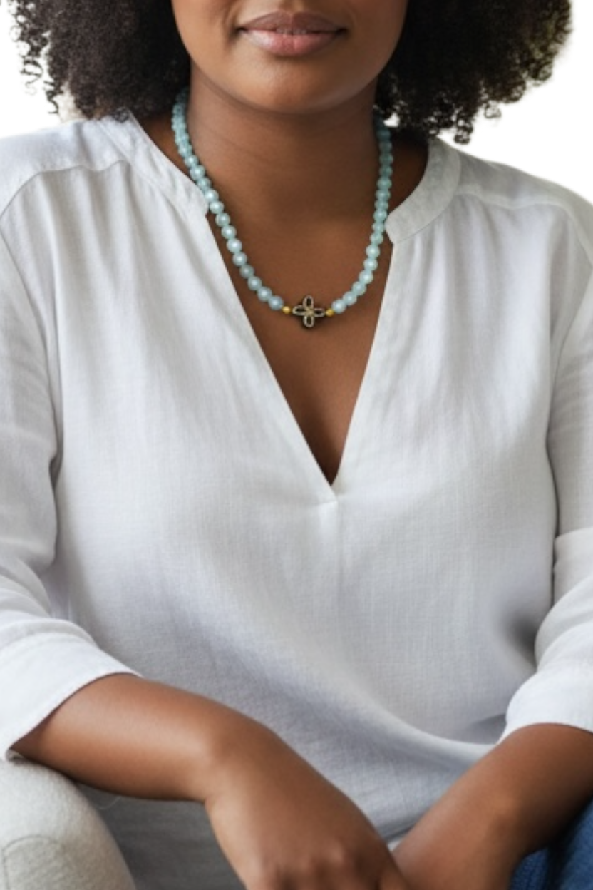 18” Soft Blue Beaded Necklace with Black & Gold Floral Statement Center