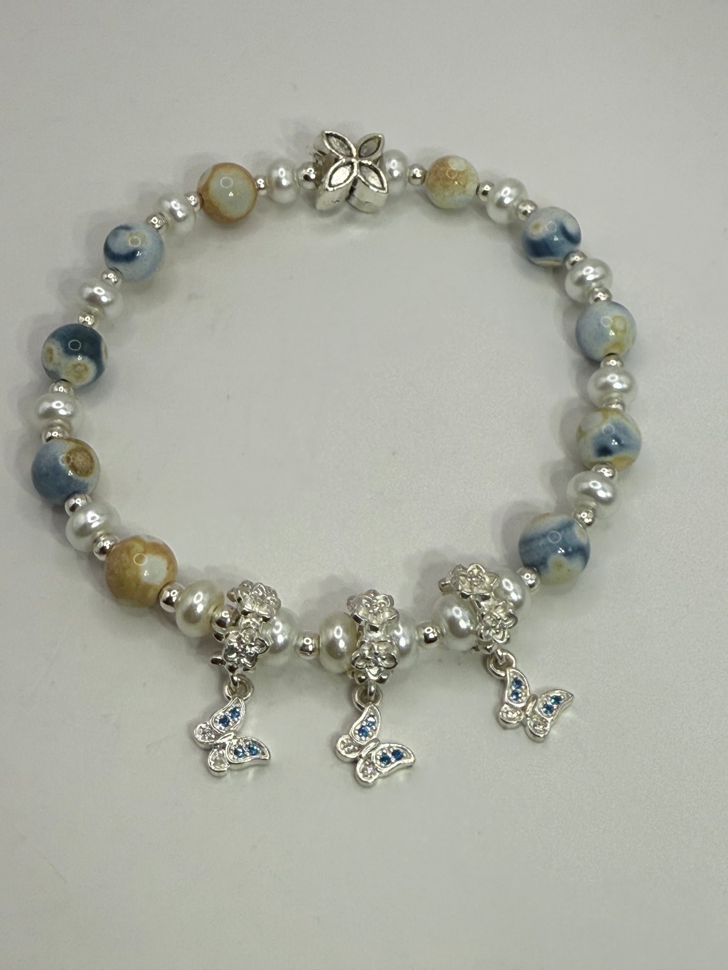 Handmade Orca Agate Stretch Bracelet with Butterfly Charms | 8” Adjustable