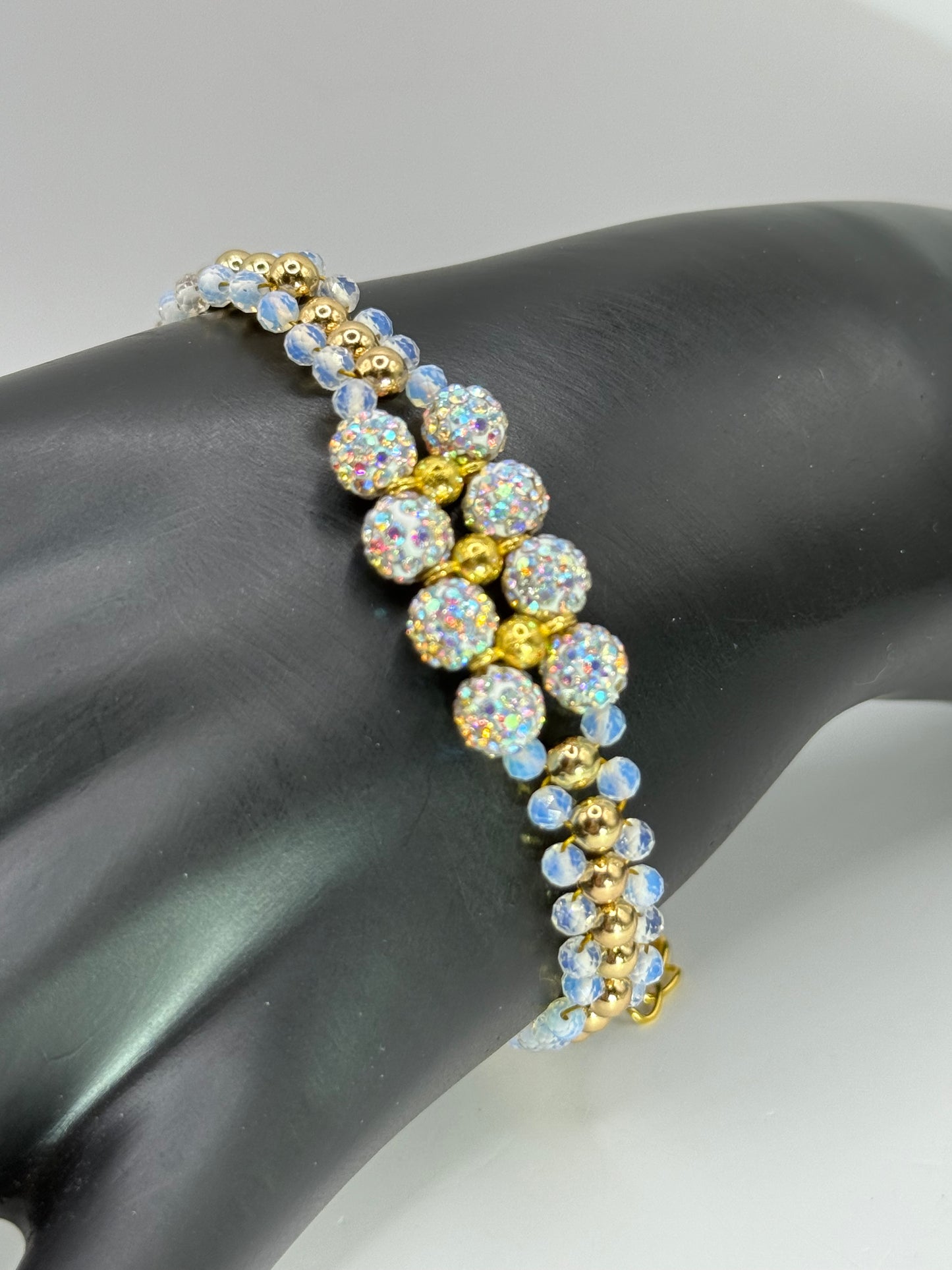 Opalite Beaded Double Band Bracelet – 7” Adjustable Clasp | Dainty Gold & Iridescent Sparkle Jewelry | Handmade Gift