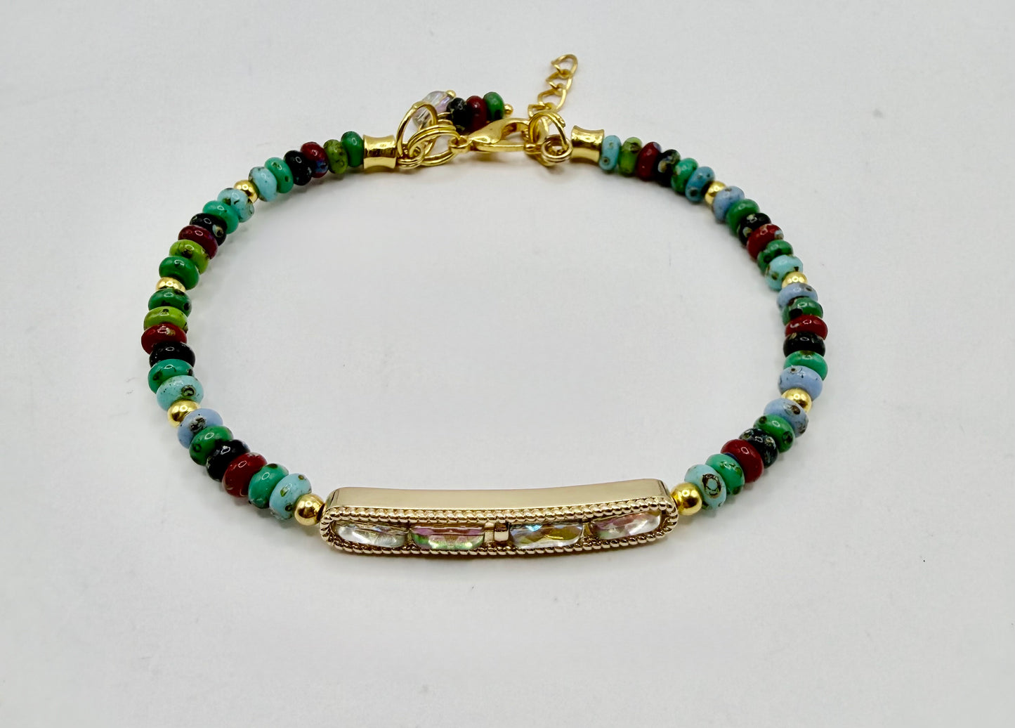 Picasso Glass Donut Bead Bracelet 7.5–8 Inch, Gold Bar Bracelet with AB Faceted Glass, Boho Adjustable Bracelet
