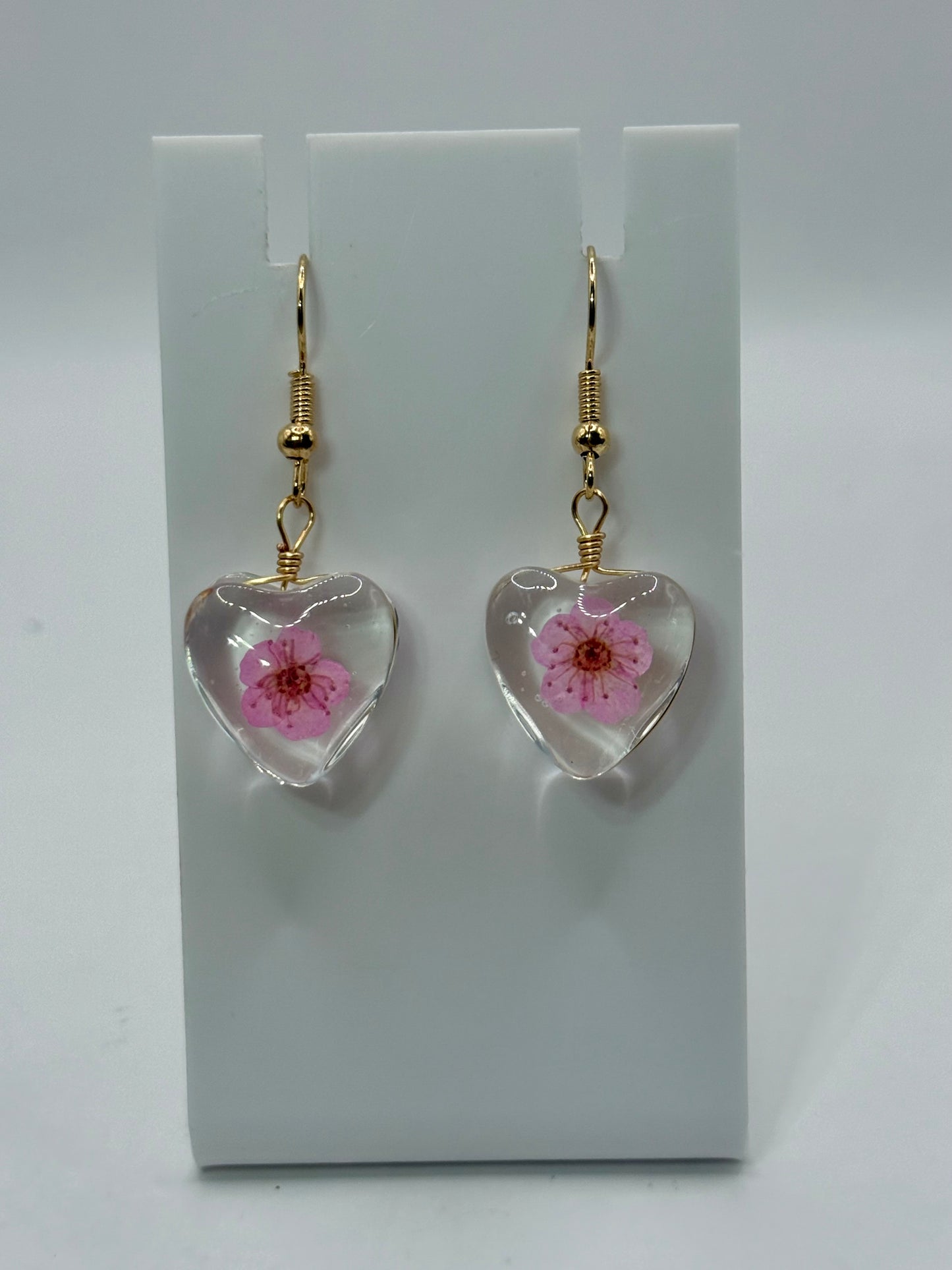 Heart Resin Flower Earrings – Real Pink Blossom Jewelry, Lightweight Dangle Earrings, Romantic Gift for Her