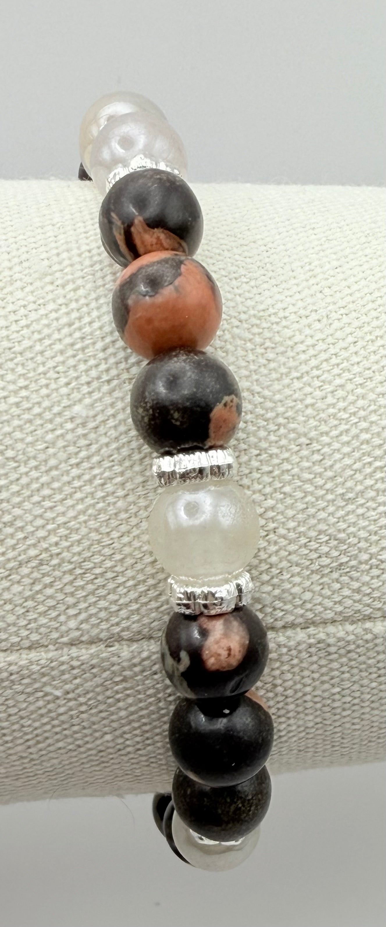 Snowflake Jasper and Ivory Sunstone Bracelet 7.5"-7.75"
