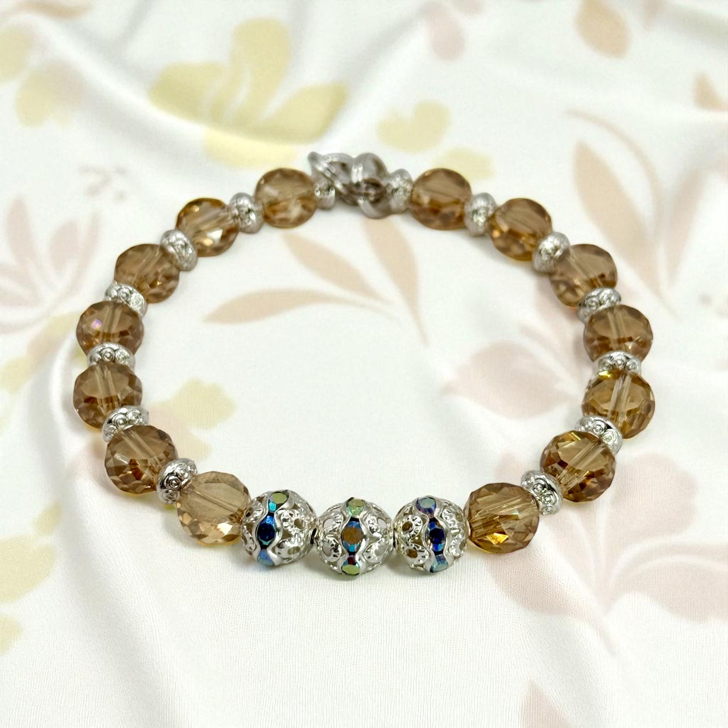 Champagne Glass Bead Bracelet with Silver Accents | 7.5” Clasp | Elegant Handmade Jewelry Gift