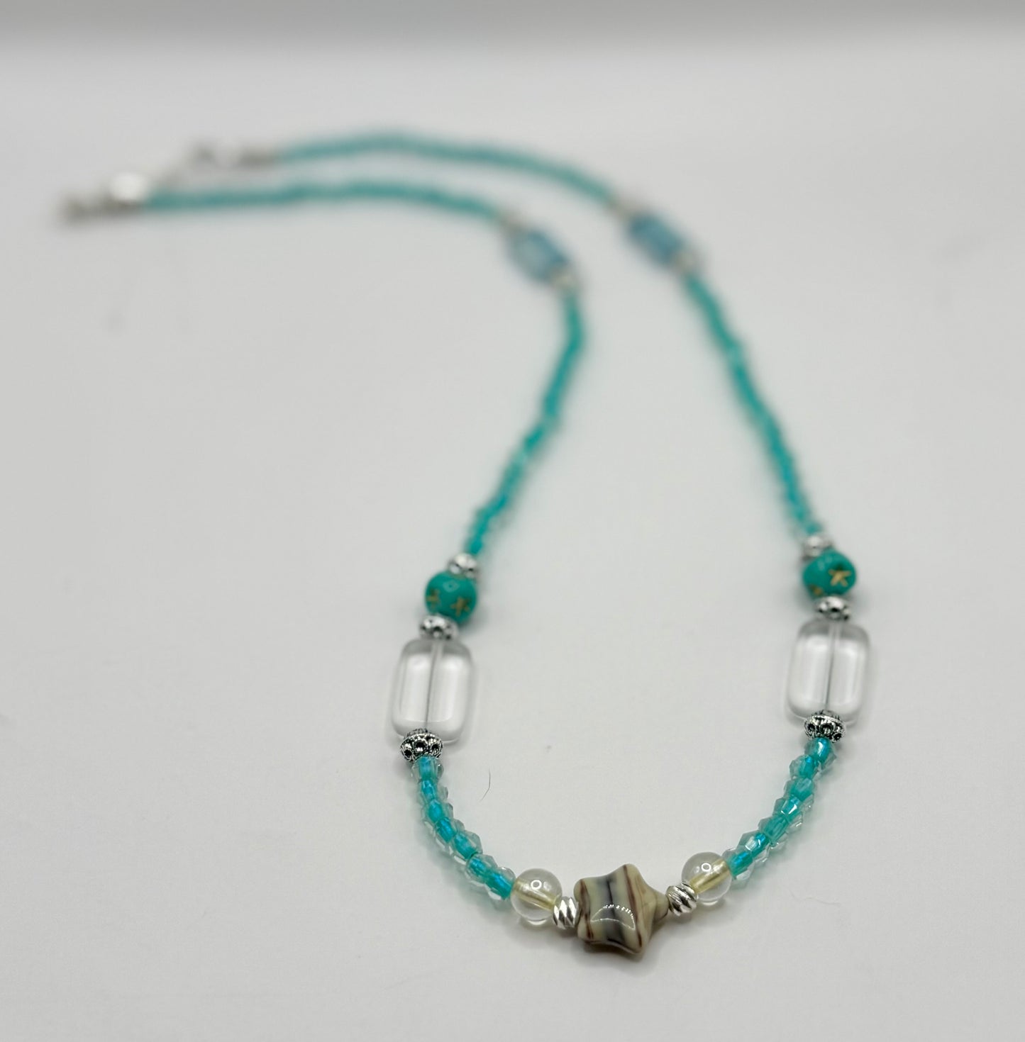 Handmade Glass Bead Necklace with Star Focal | 20” Turquoise Beaded Necklace | Coastal Boho Jewelry