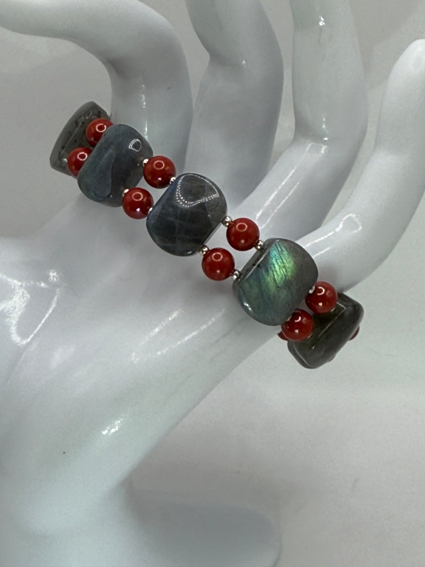 Flashing Labradorite and Cinnabar Double Bangle Bracelet | 7.5”–8” Adjustable Clasp Gemstone Bracelet | Handmade Statement Jewelry