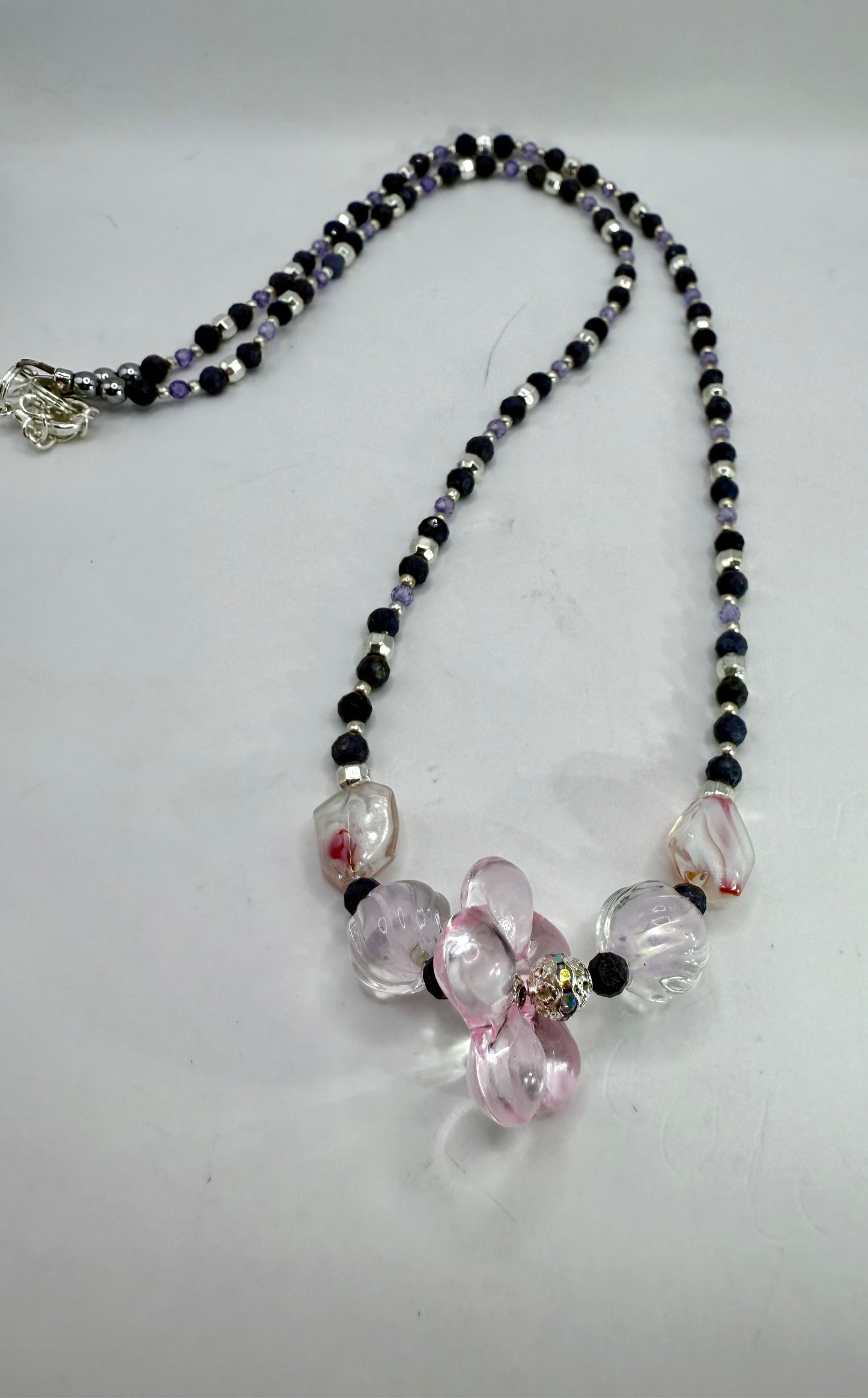 Pink Glass Flower Statement Necklace – 26” Handmade Beaded Design | Elegant, Feminine & One-of-a-Kind