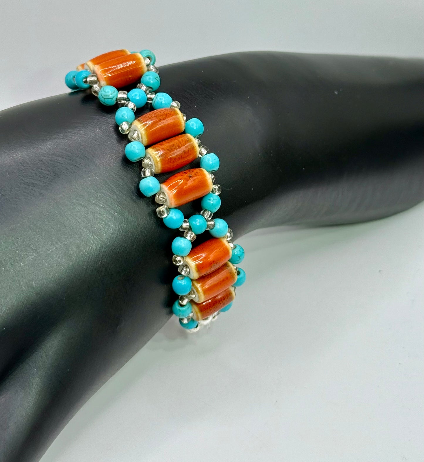Handmade Turquoise Howlite & Terra Cotta Orange Ceramic Tube Beaded Bracelet – 7.5” Adjustable | Boho Southwest Jewelry