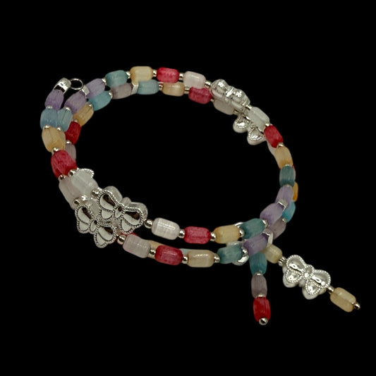 Colorful Cat Eye Beaded Wrap Bracelet with Silver Butterfly Charms | Adjustable Fit | Handmade Jewelry Gift